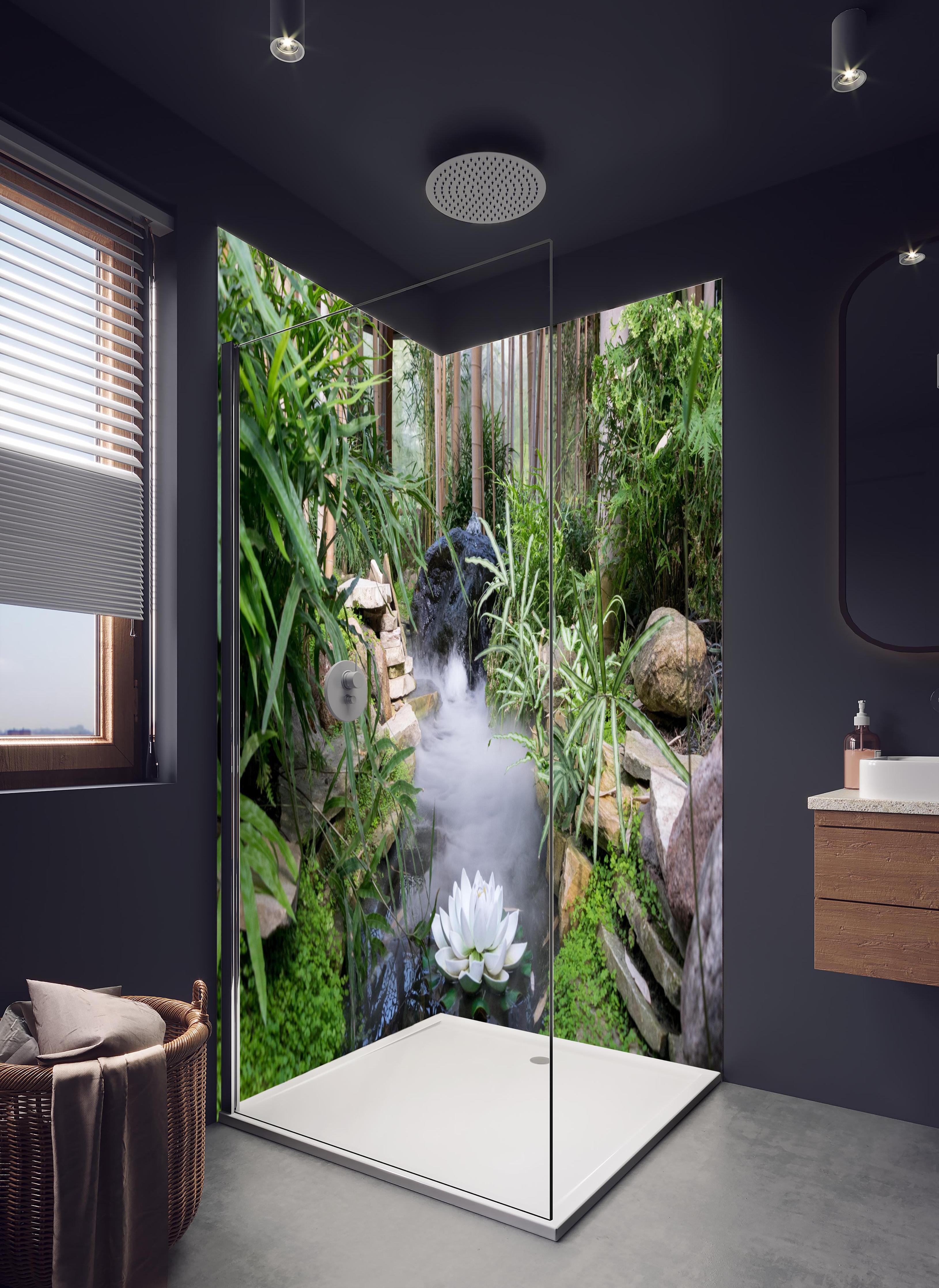 Duschrückwand - Zen-Garten mit weißer Seerose in hellem Badezimmer mit Regenduschkopf - zweiteilige Eck-Duschrückwand