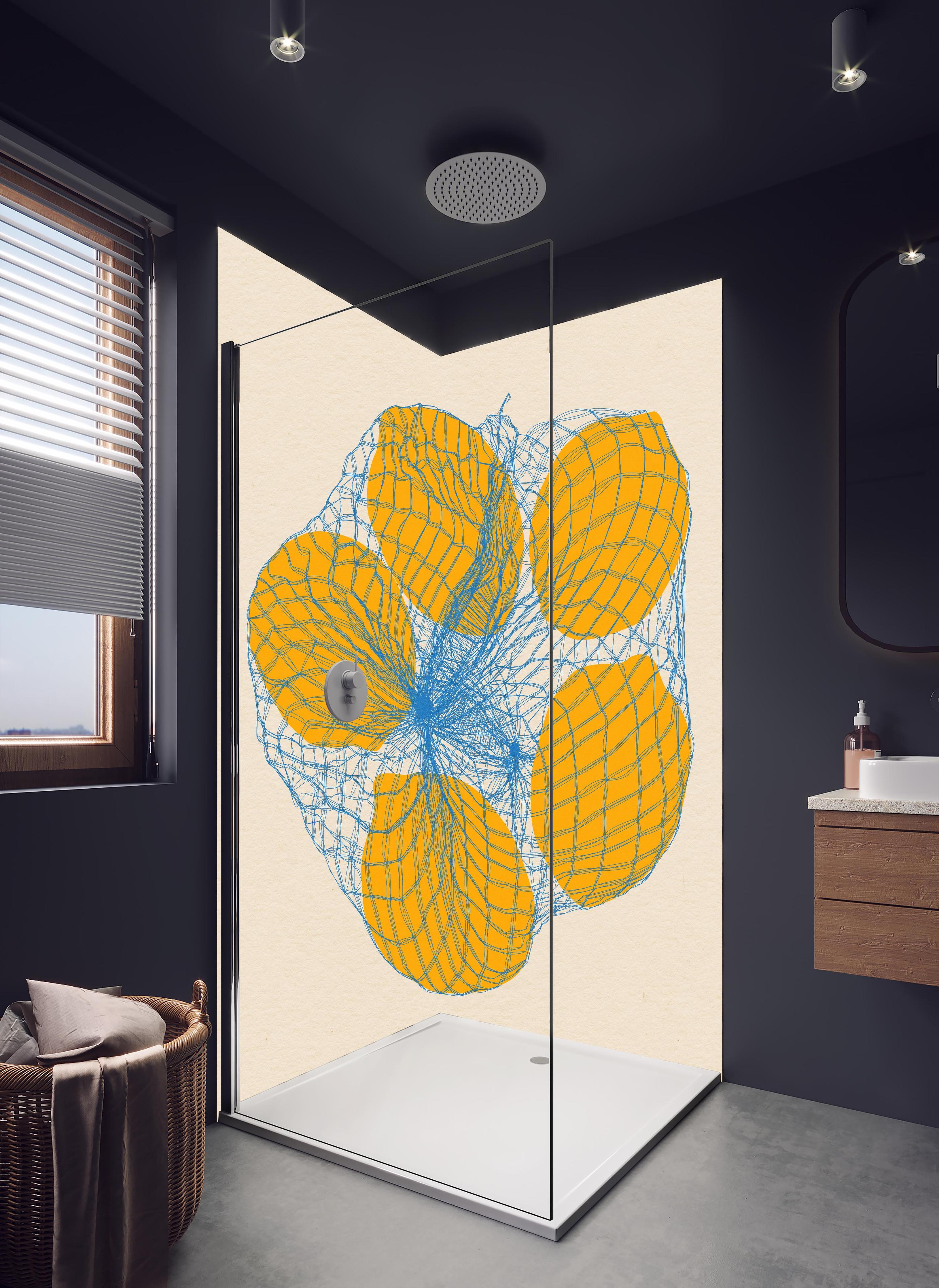 Duschrückwand - Zitronen im Sack in hellem Badezimmer mit Regenduschkopf - zweiteilige Eck-Duschrückwand