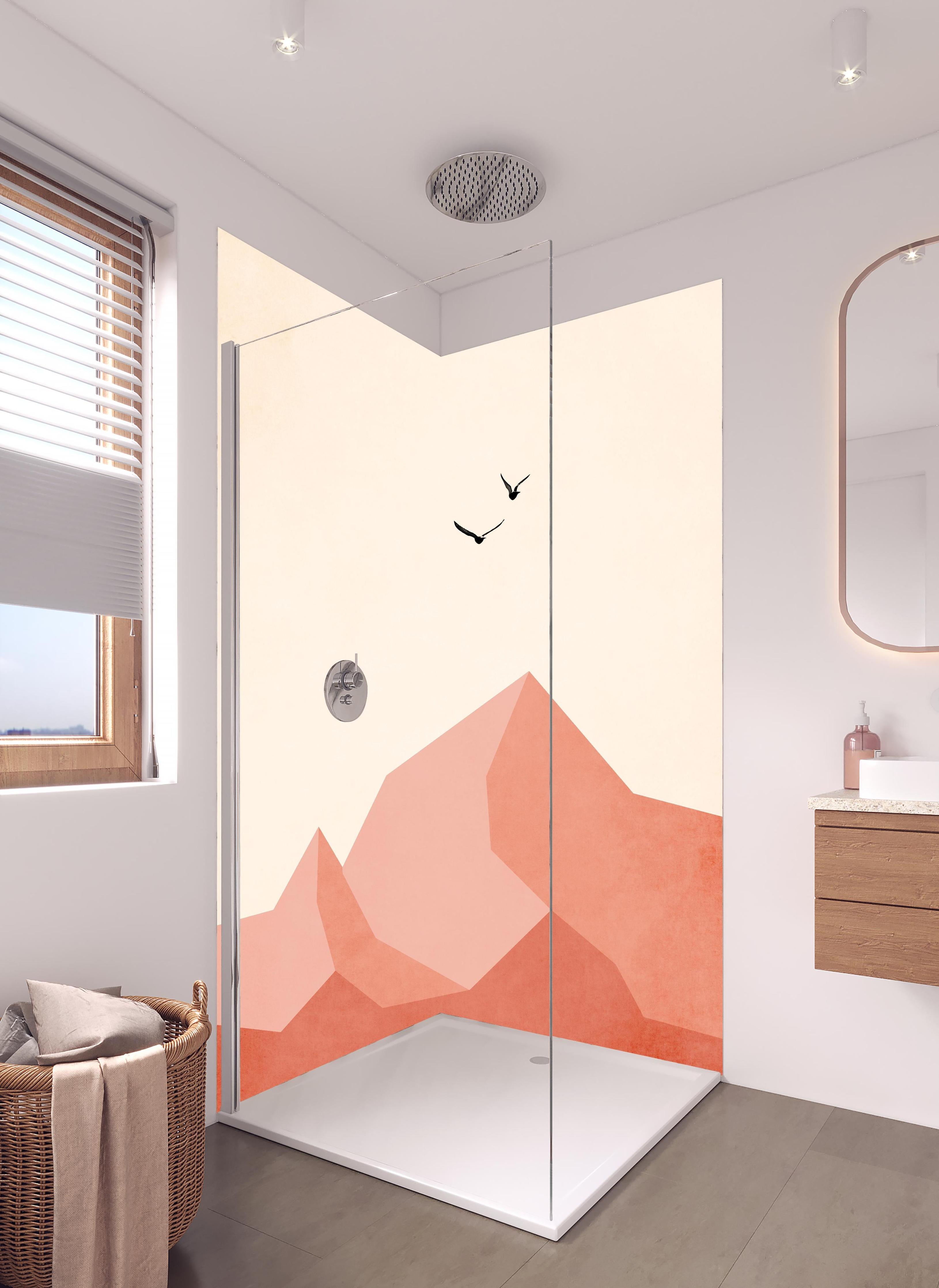 Duschrückwand - Zugspitze - Moderne Darstellung in hellem Badezimmer mit Regenduschkopf - zweiteilige Eck-Duschrückwand