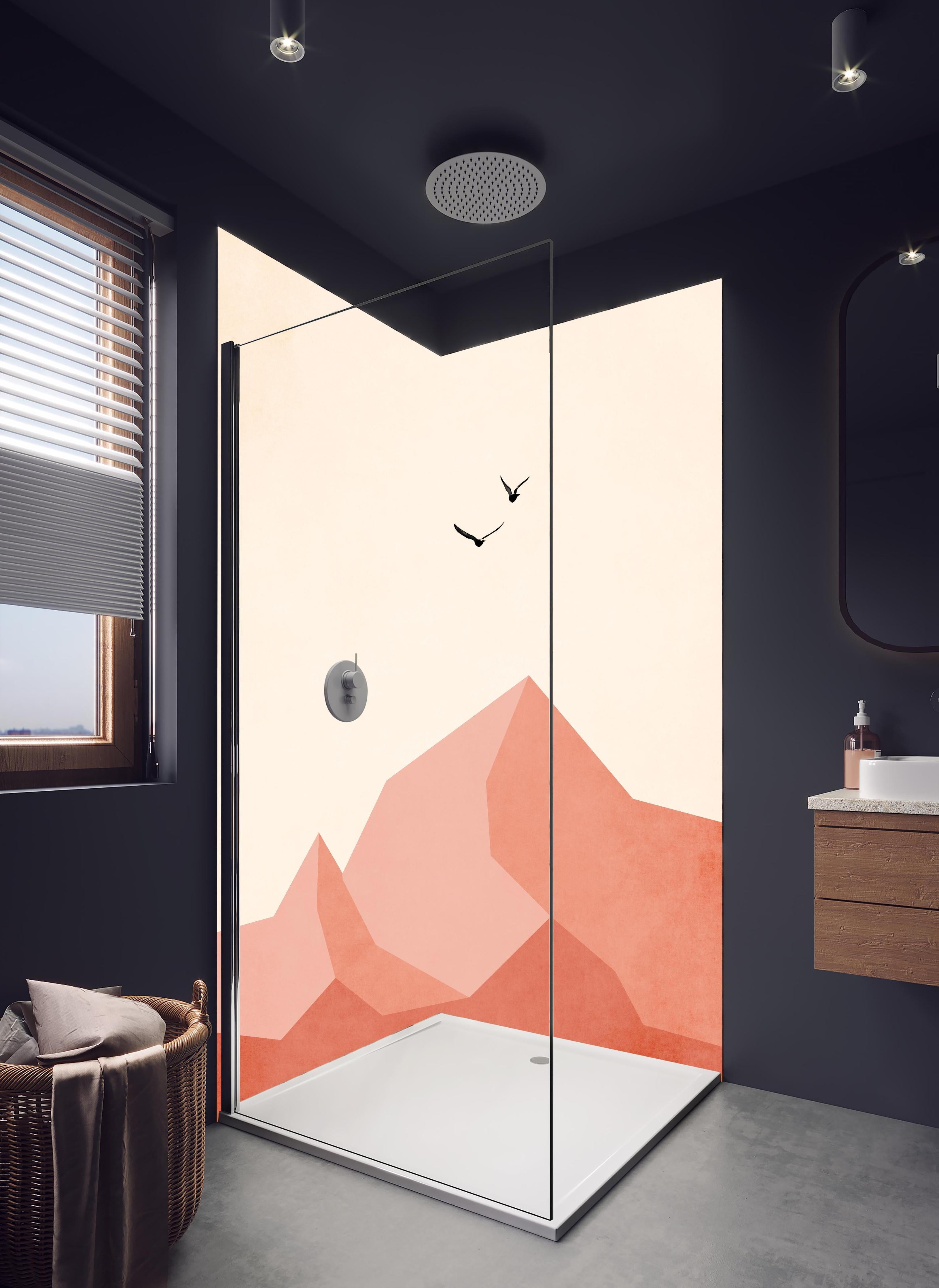 Duschrückwand - Zugspitze - Moderne Darstellung in hellem Badezimmer mit Regenduschkopf - zweiteilige Eck-Duschrückwand