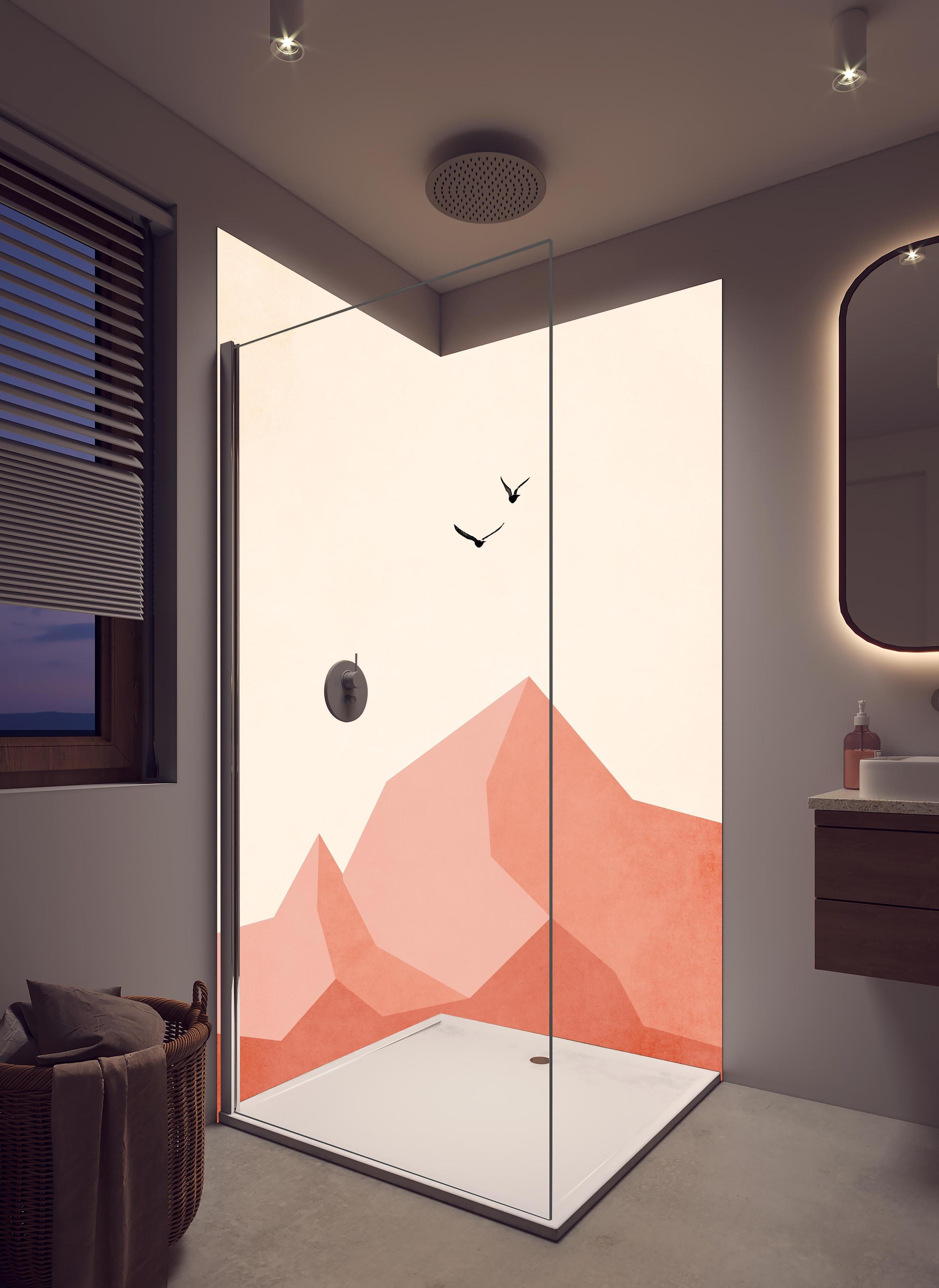 Duschrückwand - Zugspitze - Moderne Darstellung in hellem Badezimmer mit Regenduschkopf - zweiteilige Eck-Duschrückwand