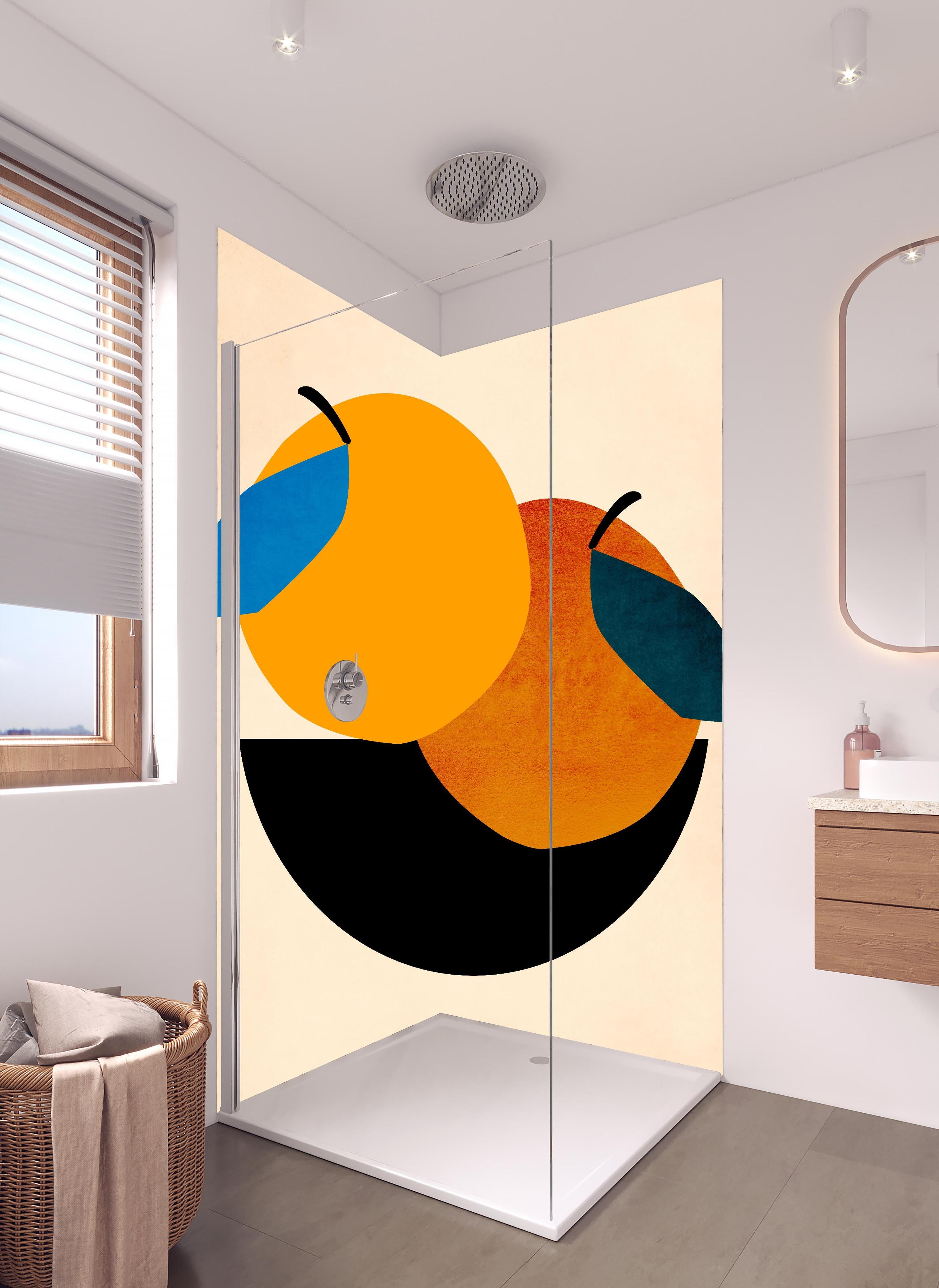 Duschrückwand - Zwei Orangen - Zeichnung in hellem Badezimmer mit Regenduschkopf - zweiteilige Eck-Duschrückwand