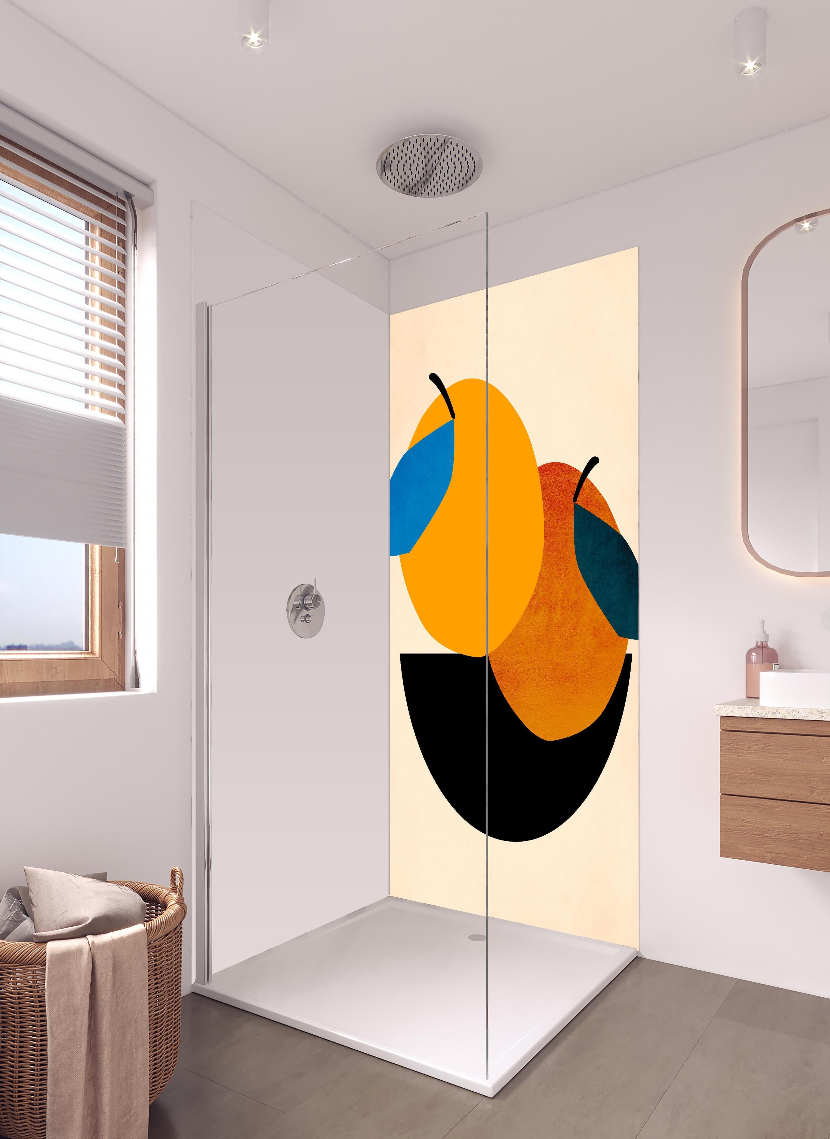 Duschrückwand - Zwei Orangen - Zeichnung in hellem Badezimmer mit Regenduschkopf - zweiteilige Eck-Duschrückwand