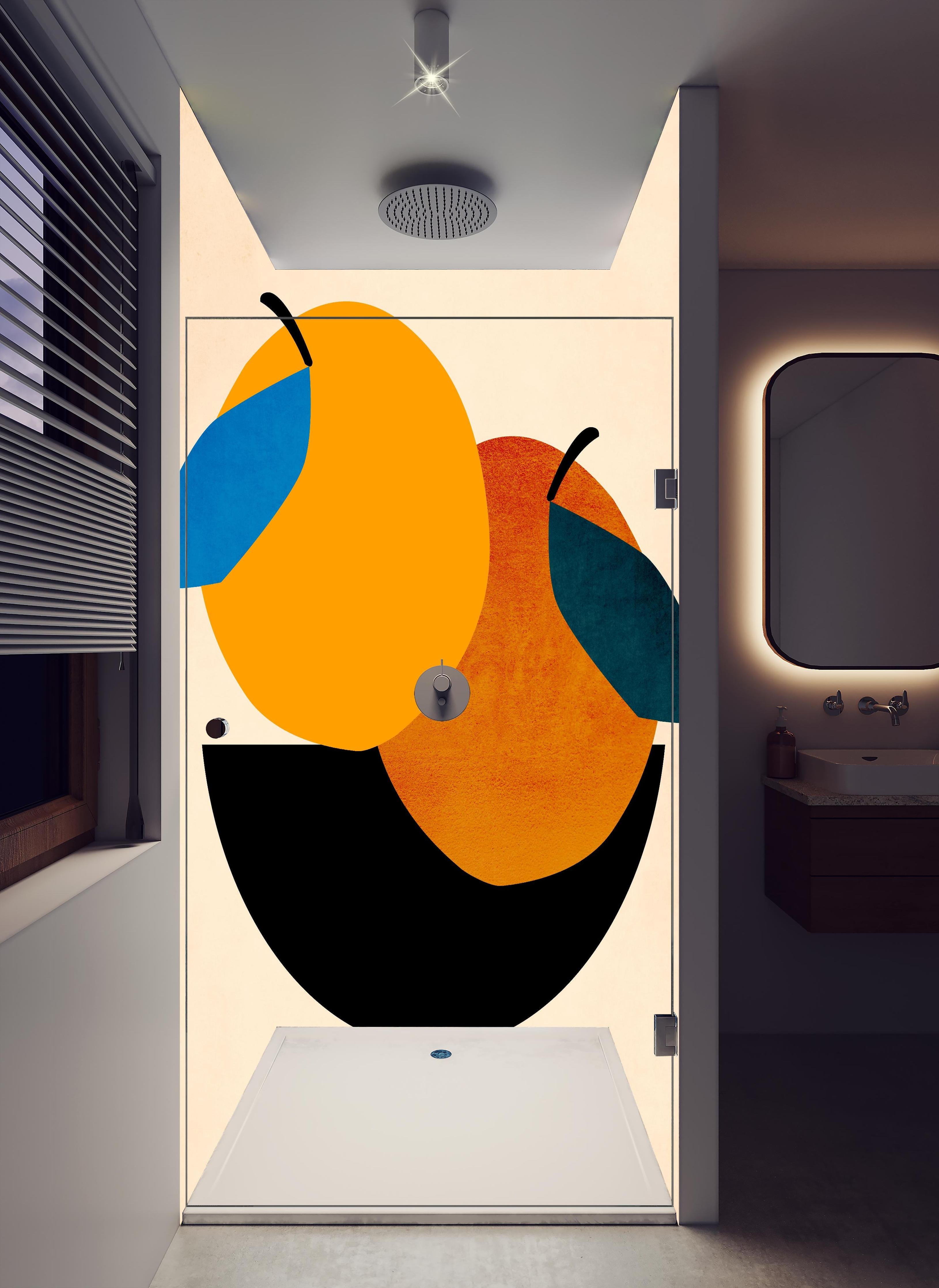 Duschrückwand - Zwei Orangen - Zeichnung in hellem Badezimmer mit Regenduschkopf - zweiteilige Eck-Duschrückwand
