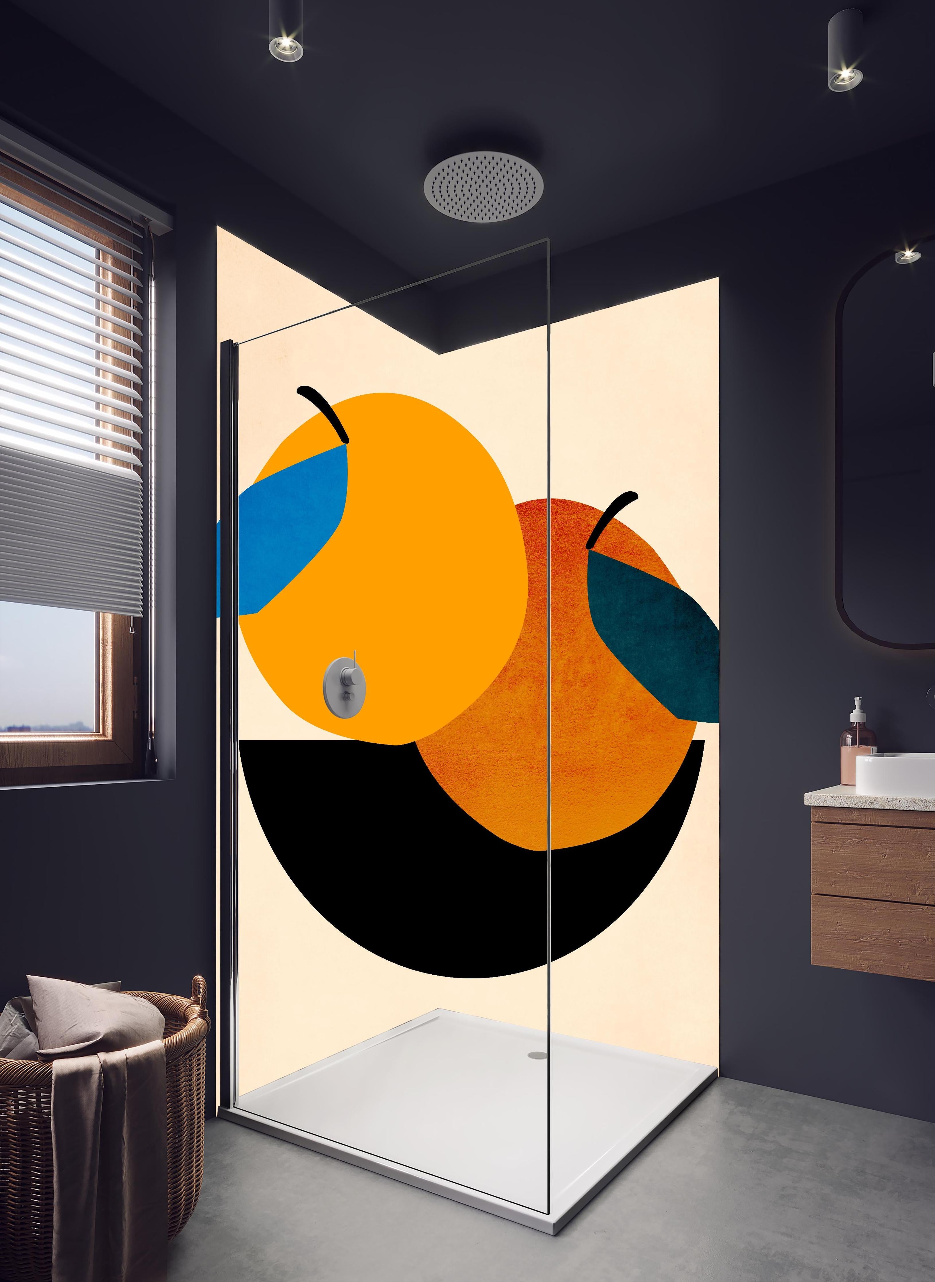 Duschrückwand - Zwei Orangen - Zeichnung in hellem Badezimmer mit Regenduschkopf - zweiteilige Eck-Duschrückwand