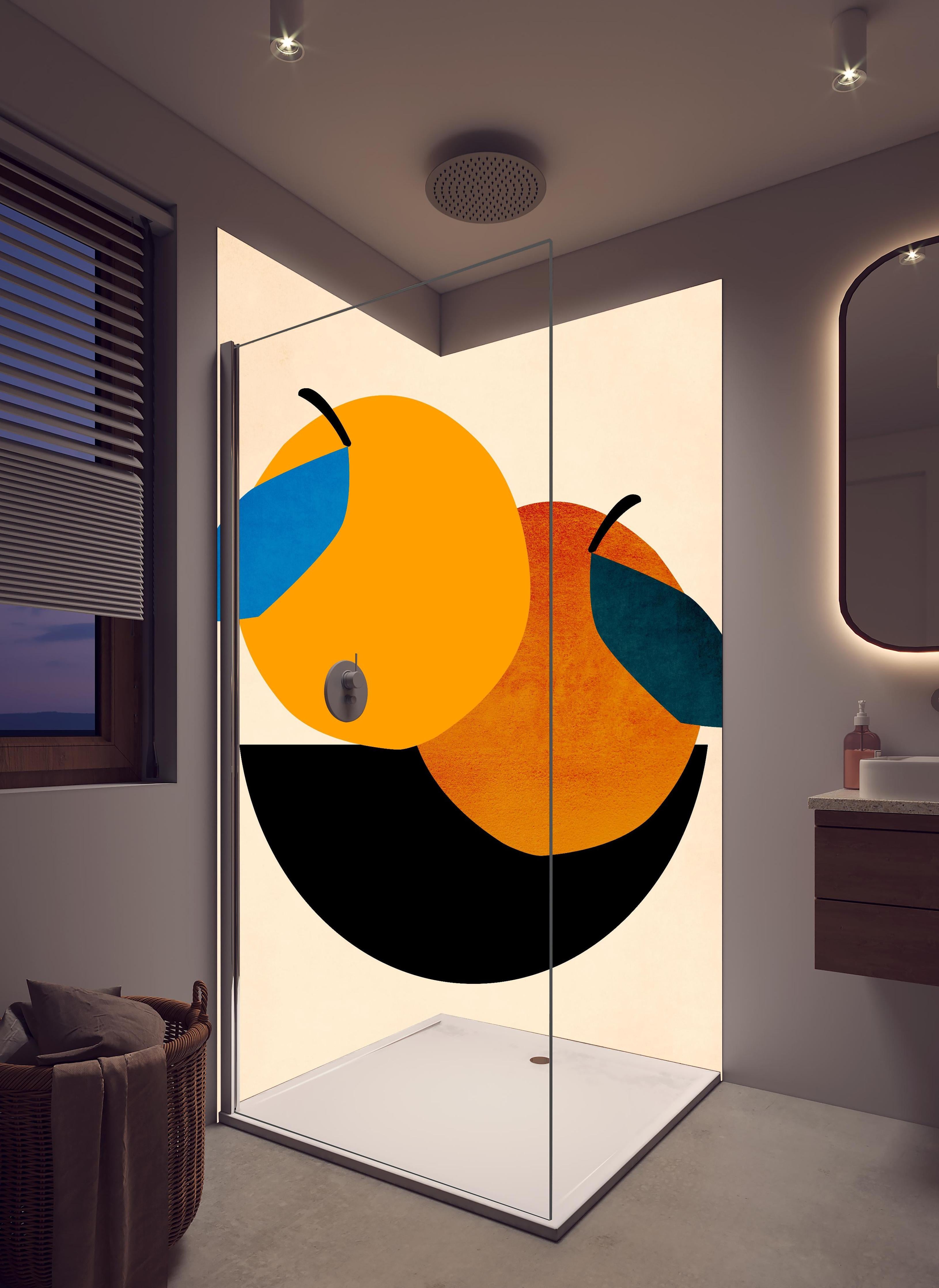 Duschrückwand - Zwei Orangen - Zeichnung in hellem Badezimmer mit Regenduschkopf - zweiteilige Eck-Duschrückwand