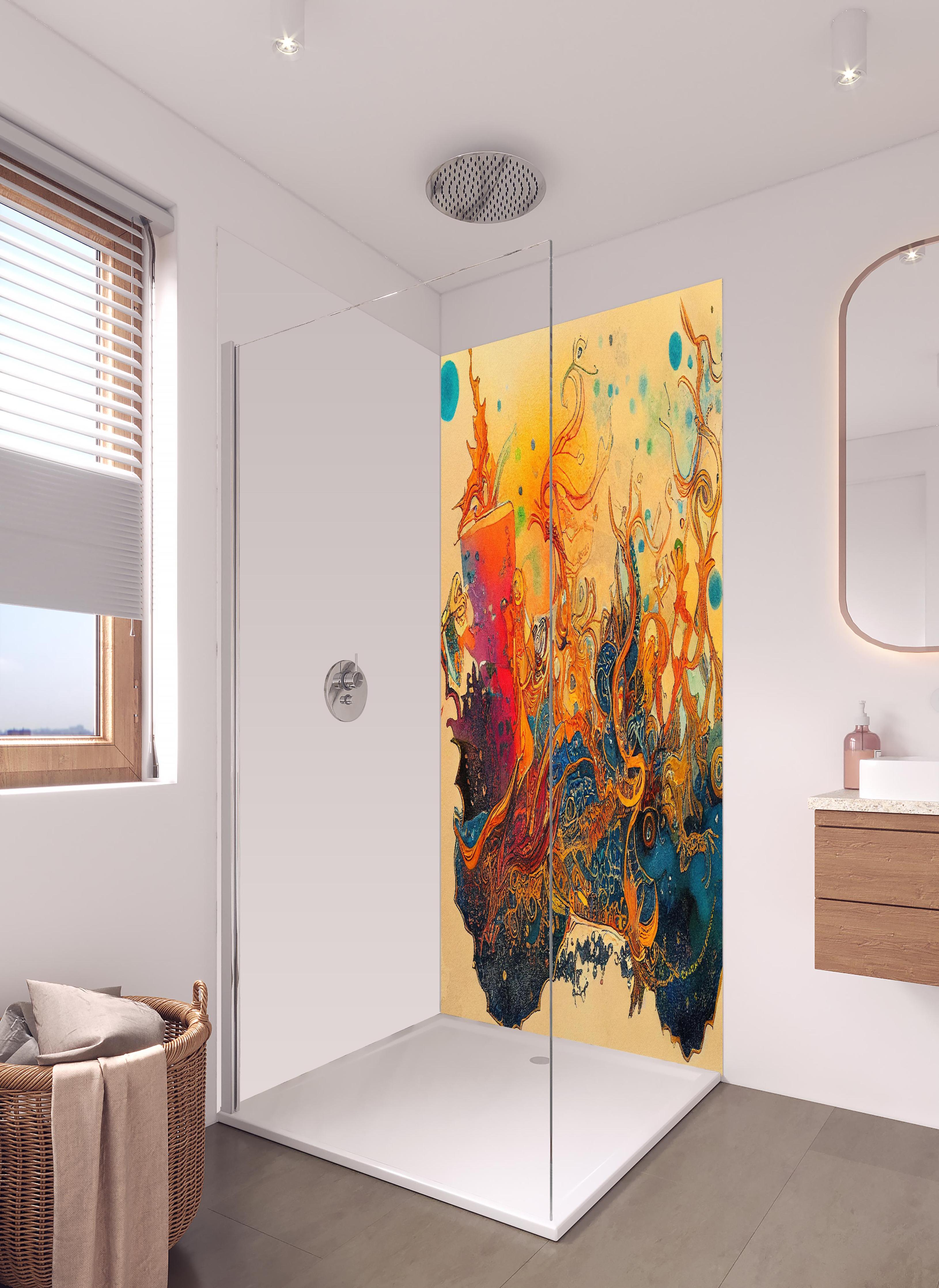 Duschrückwand - abstrakte bunte Aquarell-Design Illustration in hellem Badezimmer mit Regenduschkopf - zweiteilige Eck-Duschrückwand