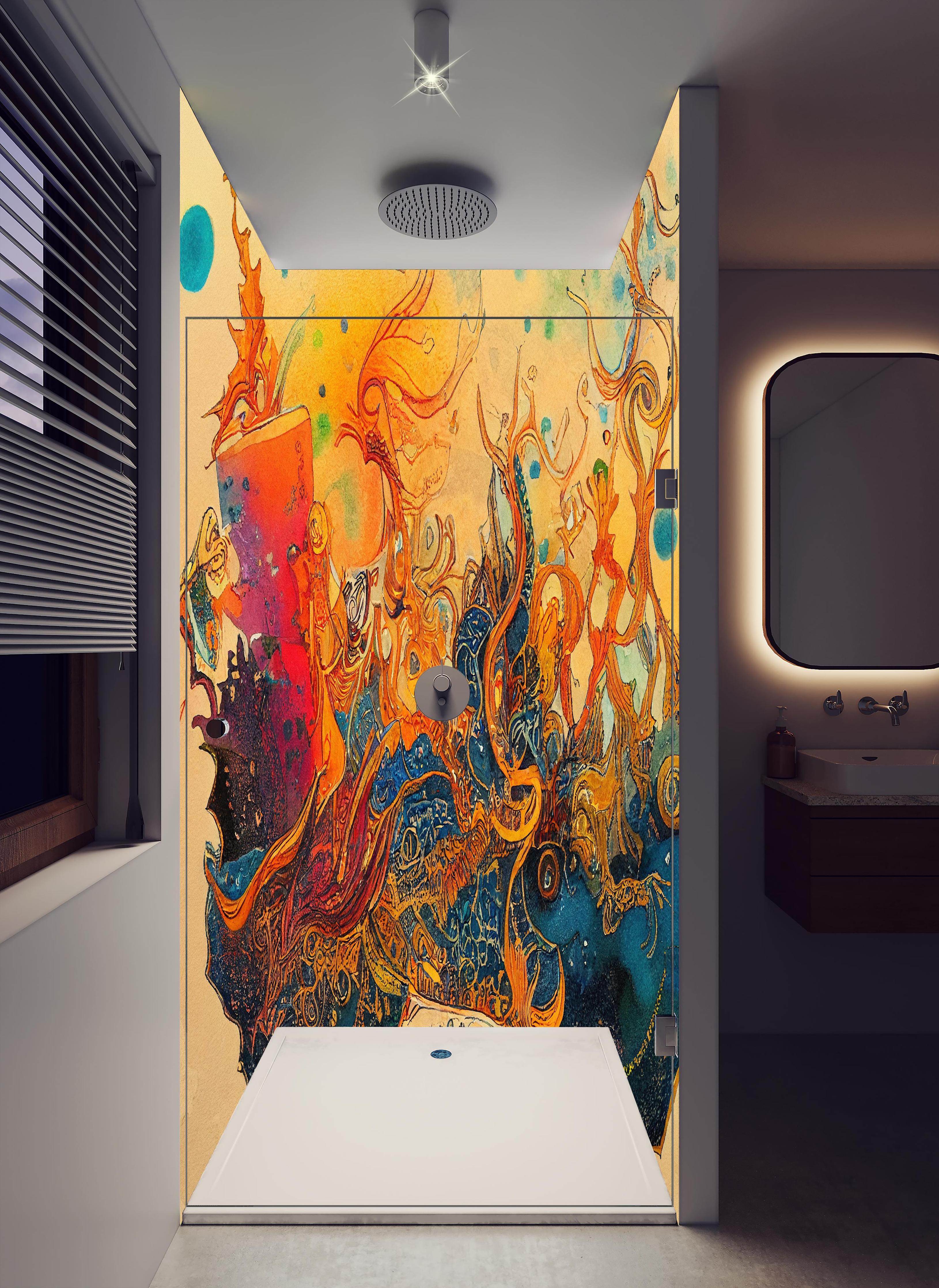 Duschrückwand - abstrakte bunte Aquarell-Design Illustration in hellem Badezimmer mit Regenduschkopf - zweiteilige Eck-Duschrückwand