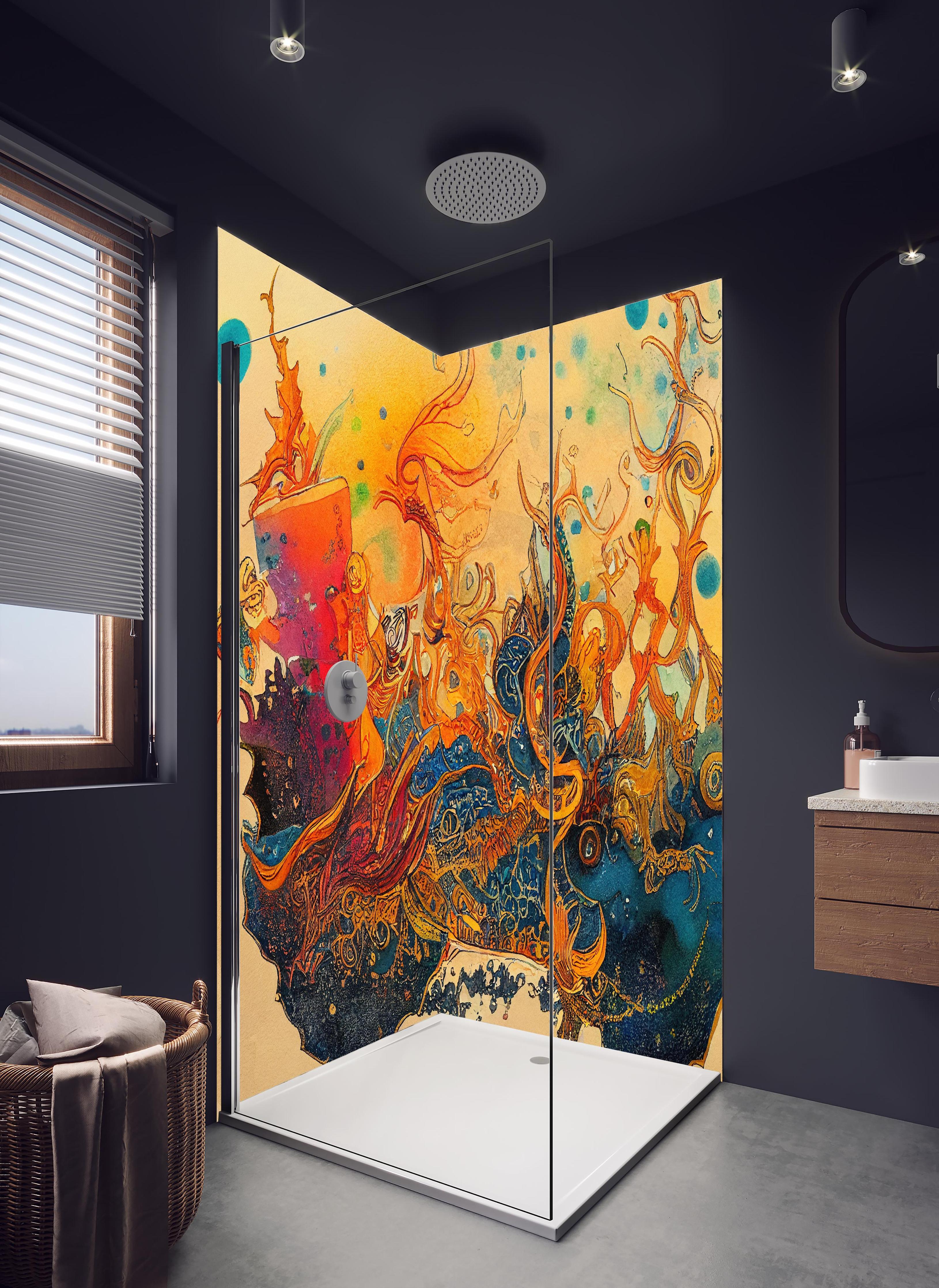 Duschrückwand - abstrakte bunte Aquarell-Design Illustration in hellem Badezimmer mit Regenduschkopf - zweiteilige Eck-Duschrückwand