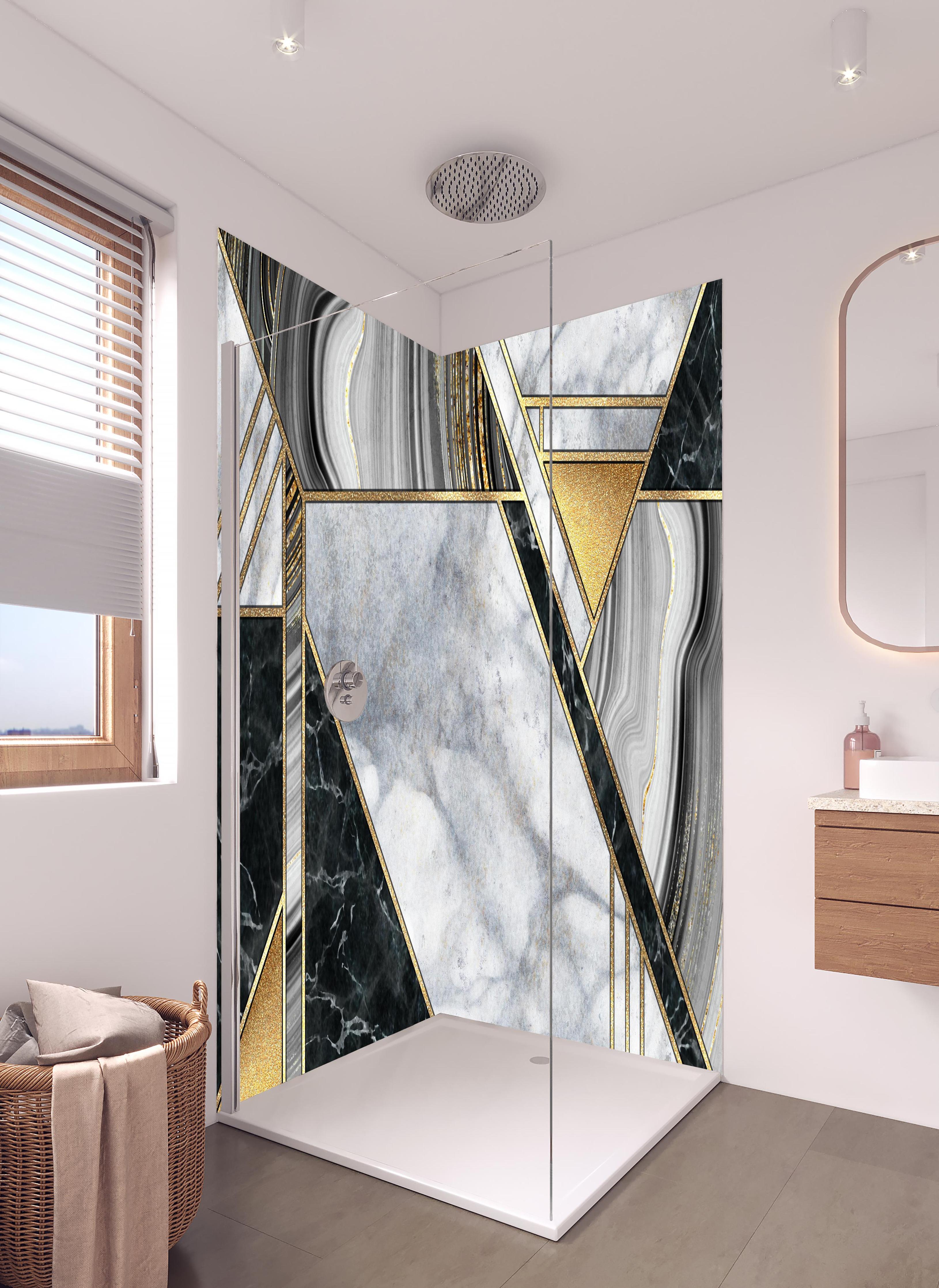 Duschrückwand - abstrakter Art Deco Hintergrund in hellem Badezimmer mit Regenduschkopf - zweiteilige Eck-Duschrückwand
