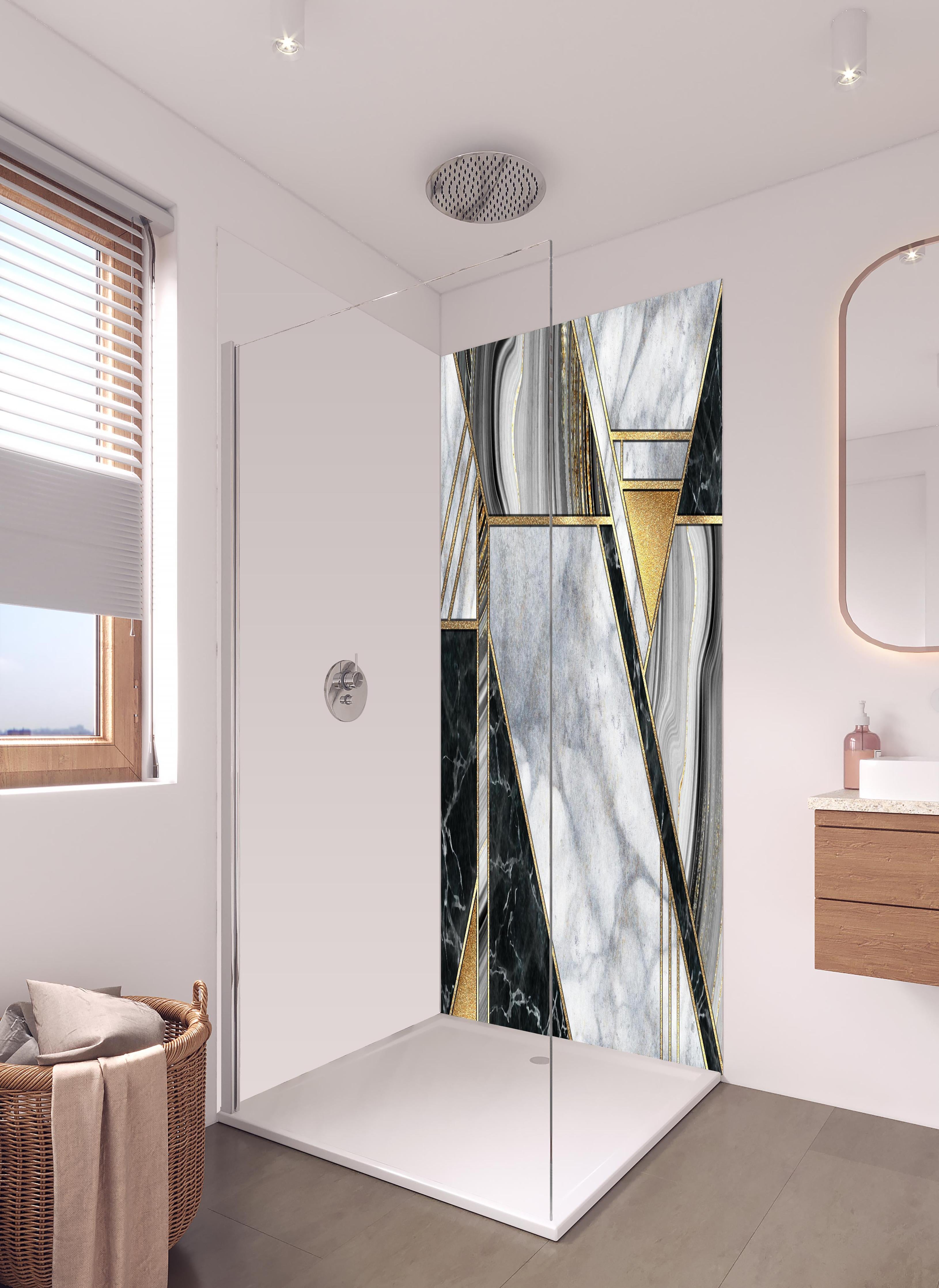 Duschrückwand - abstrakter Art Deco Hintergrund in hellem Badezimmer mit Regenduschkopf - zweiteilige Eck-Duschrückwand
