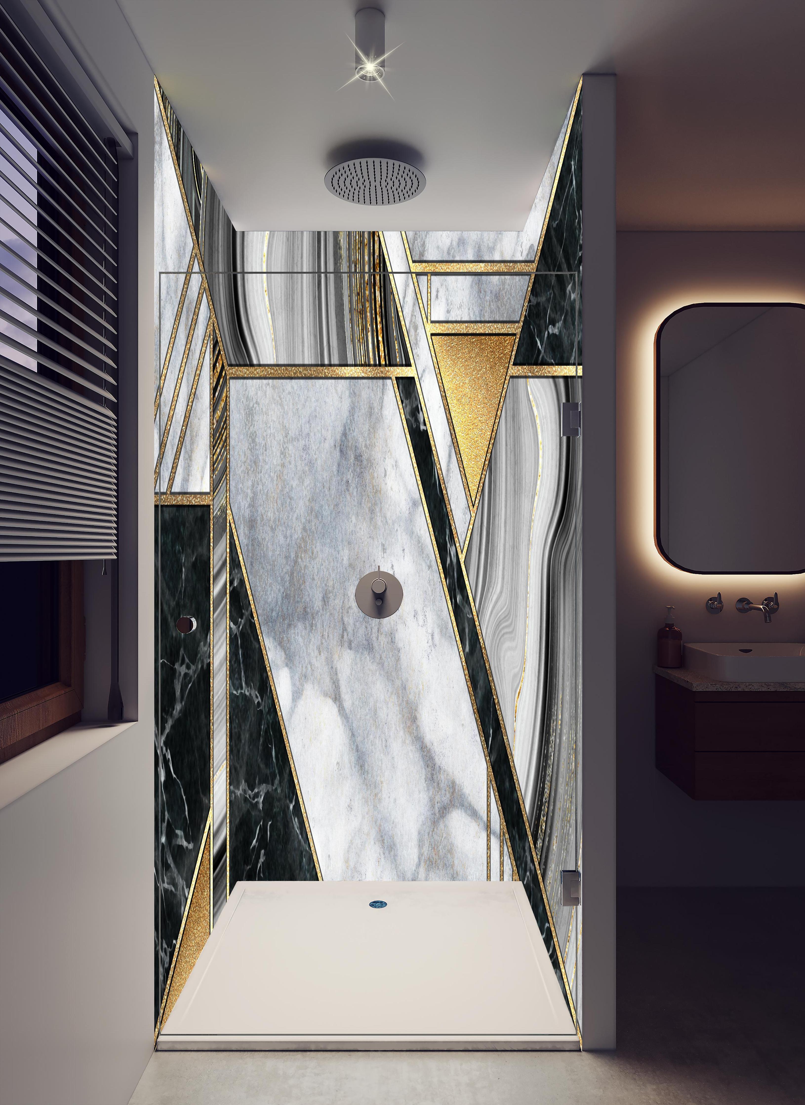 Duschrückwand - abstrakter Art Deco Hintergrund in hellem Badezimmer mit Regenduschkopf - zweiteilige Eck-Duschrückwand
