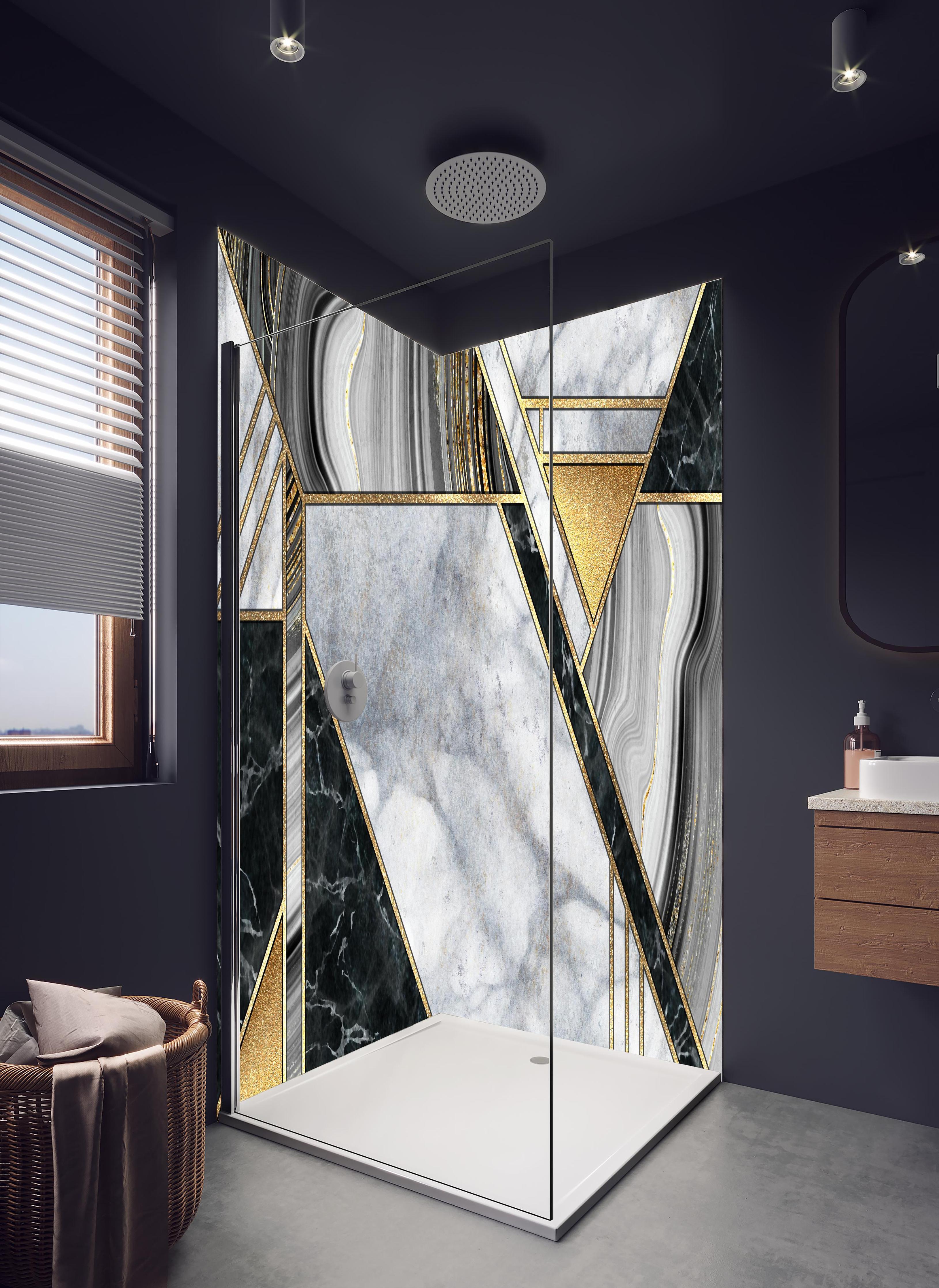 Duschrückwand - abstrakter Art Deco Hintergrund in hellem Badezimmer mit Regenduschkopf - zweiteilige Eck-Duschrückwand