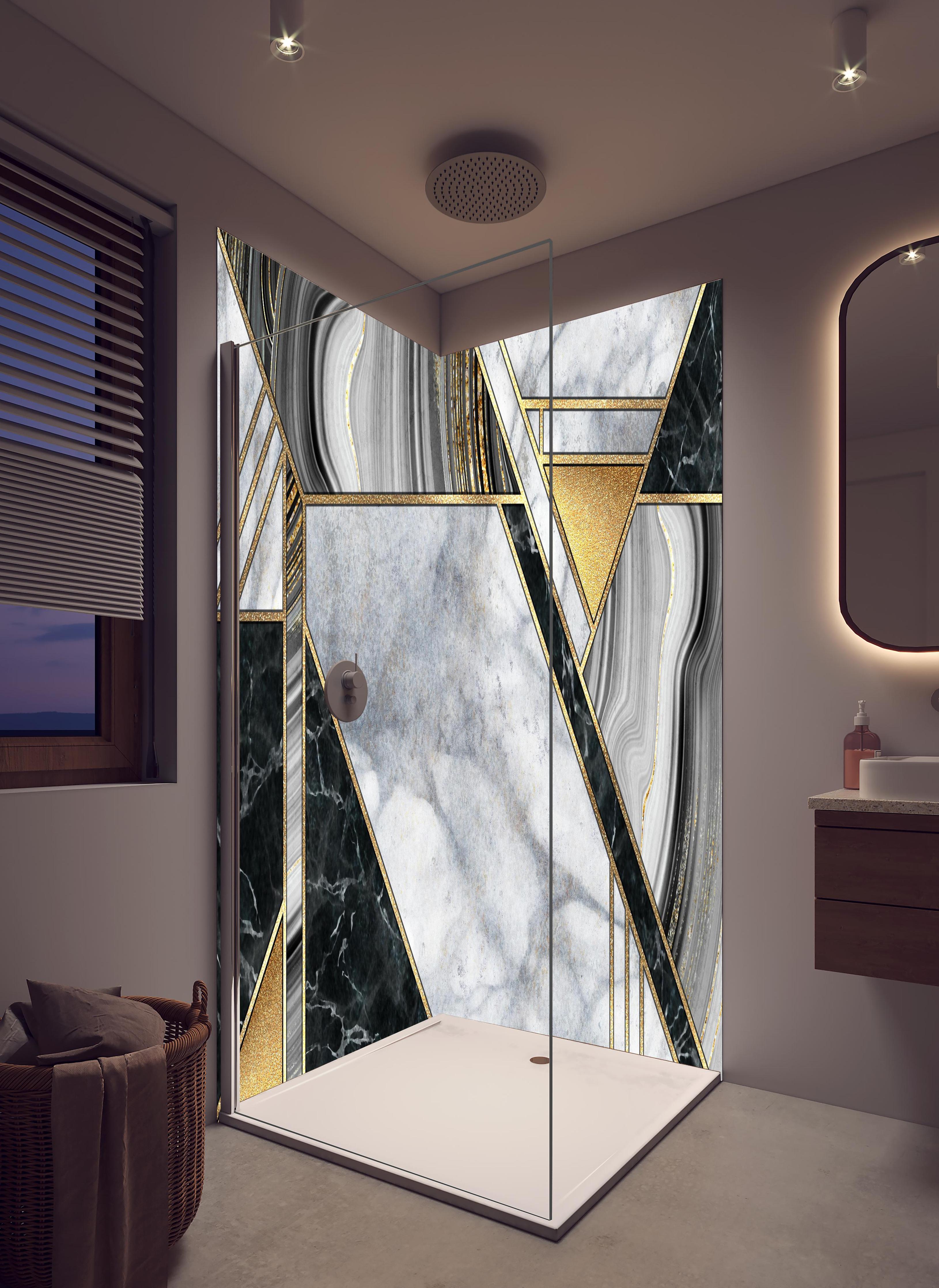 Duschrückwand - abstrakter Art Deco Hintergrund in hellem Badezimmer mit Regenduschkopf - zweiteilige Eck-Duschrückwand