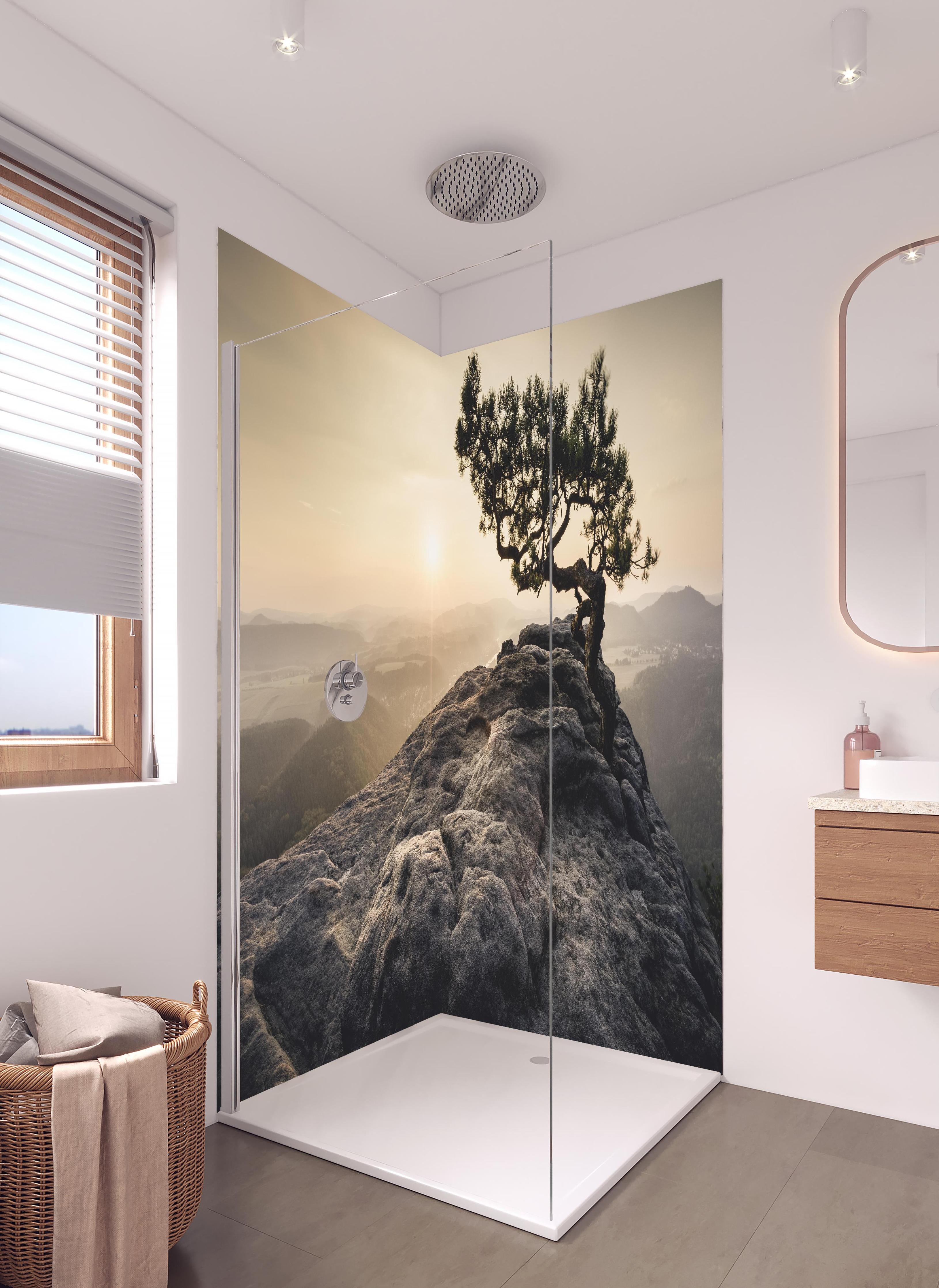 Duschrückwand - alte Kiefer zum Sonnenaufgang - Sächsische Schweiz in hellem Badezimmer mit Regenduschkopf - zweiteilige Eck-Duschrückwand