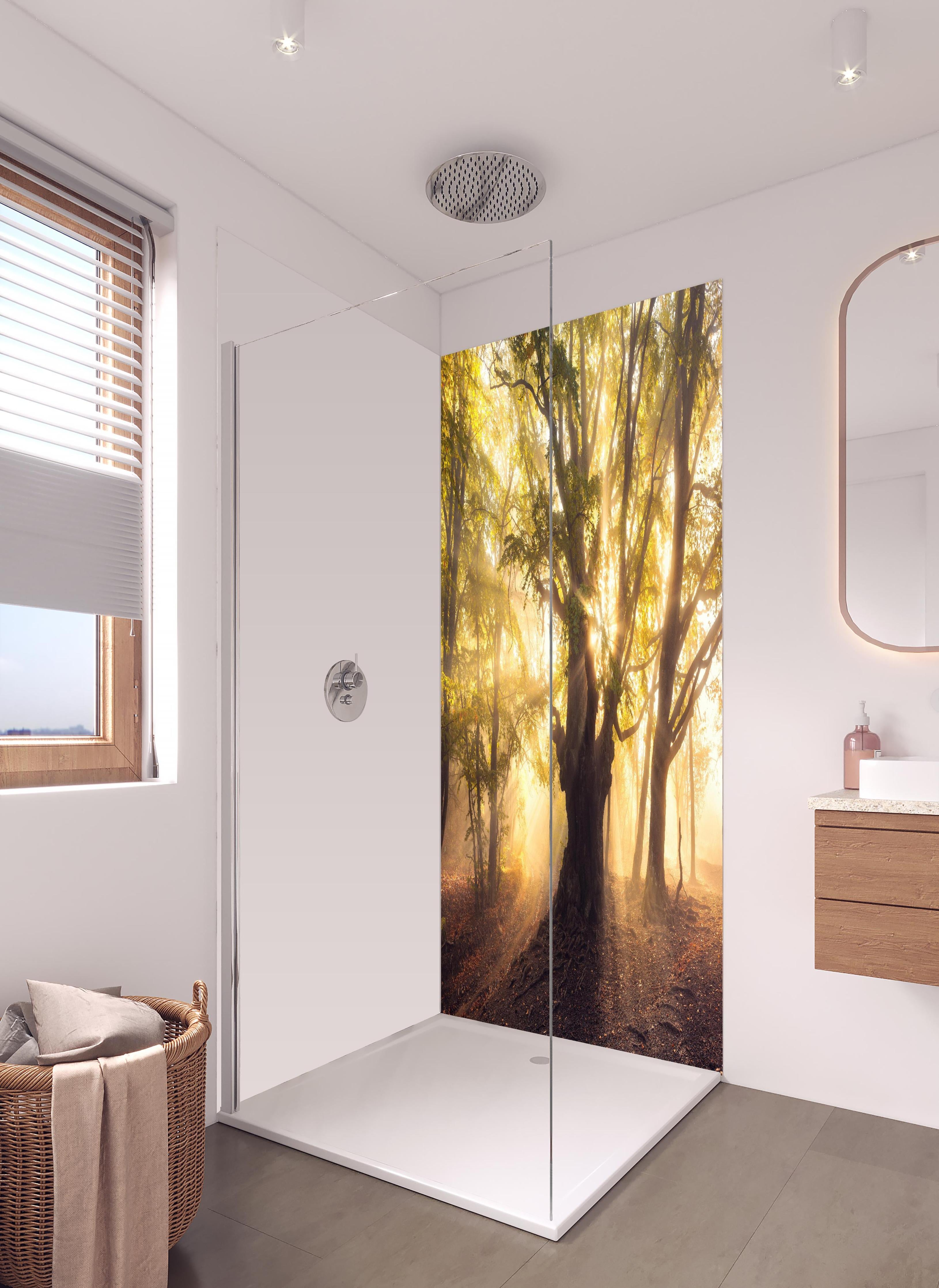 Duschrückwand - alter Baum bei Sonnenaufgang im Nebel in hellem Badezimmer mit Regenduschkopf - zweiteilige Eck-Duschrückwand