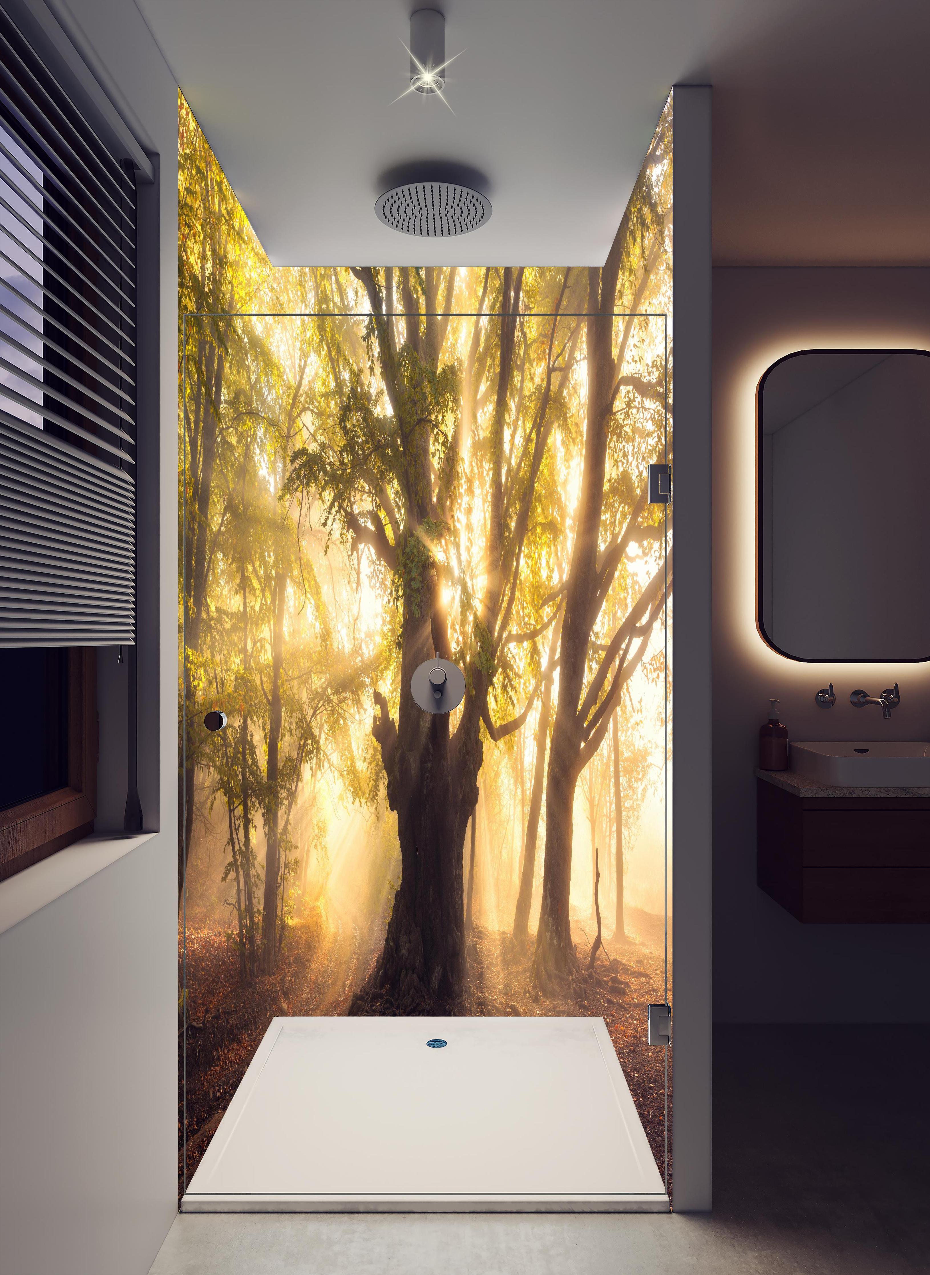 Duschrückwand - alter Baum bei Sonnenaufgang im Nebel in hellem Badezimmer mit Regenduschkopf - zweiteilige Eck-Duschrückwand