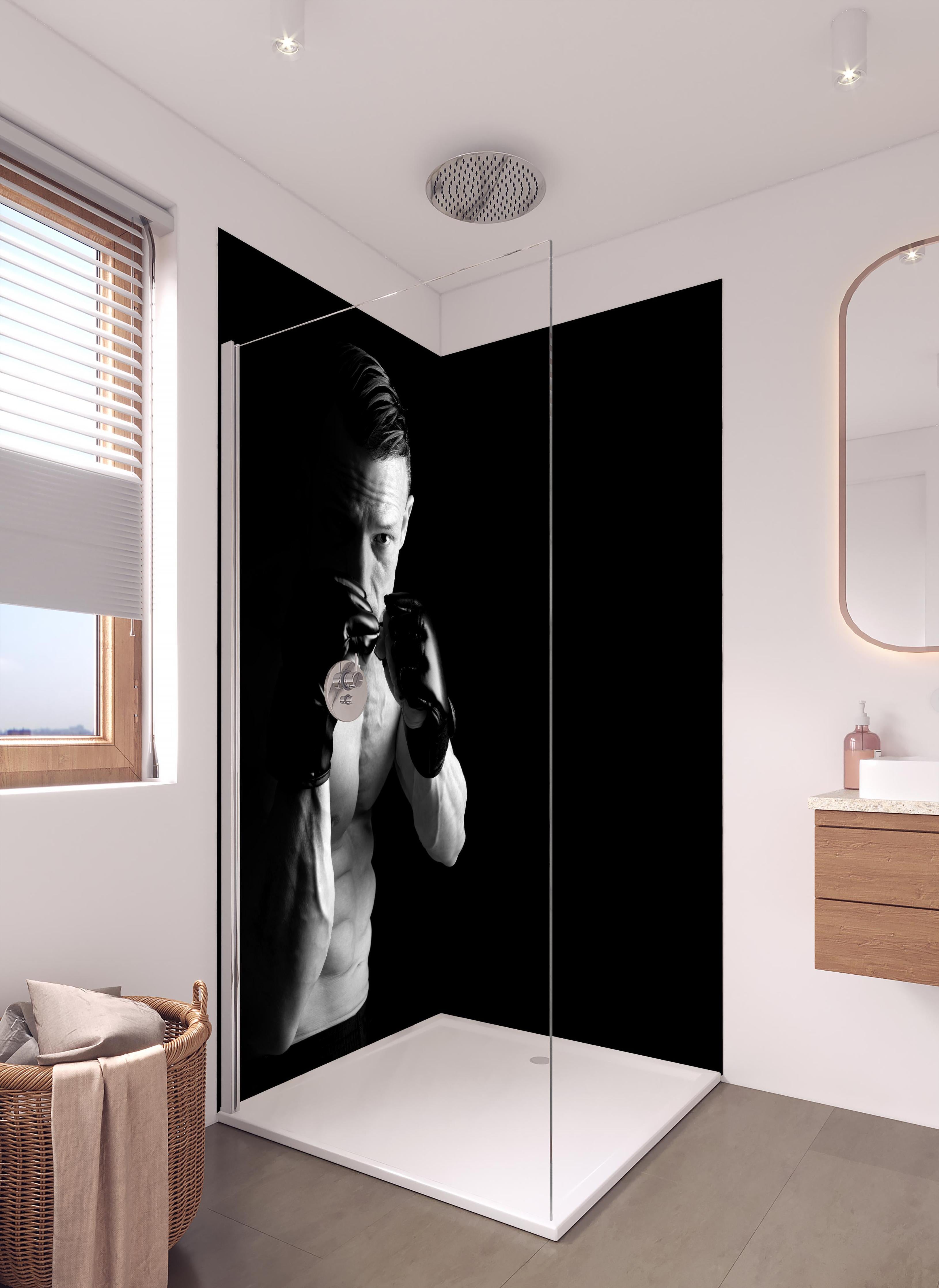 Duschrückwand - athletischer MMA-Sportler in hellem Badezimmer mit Regenduschkopf - zweiteilige Eck-Duschrückwand