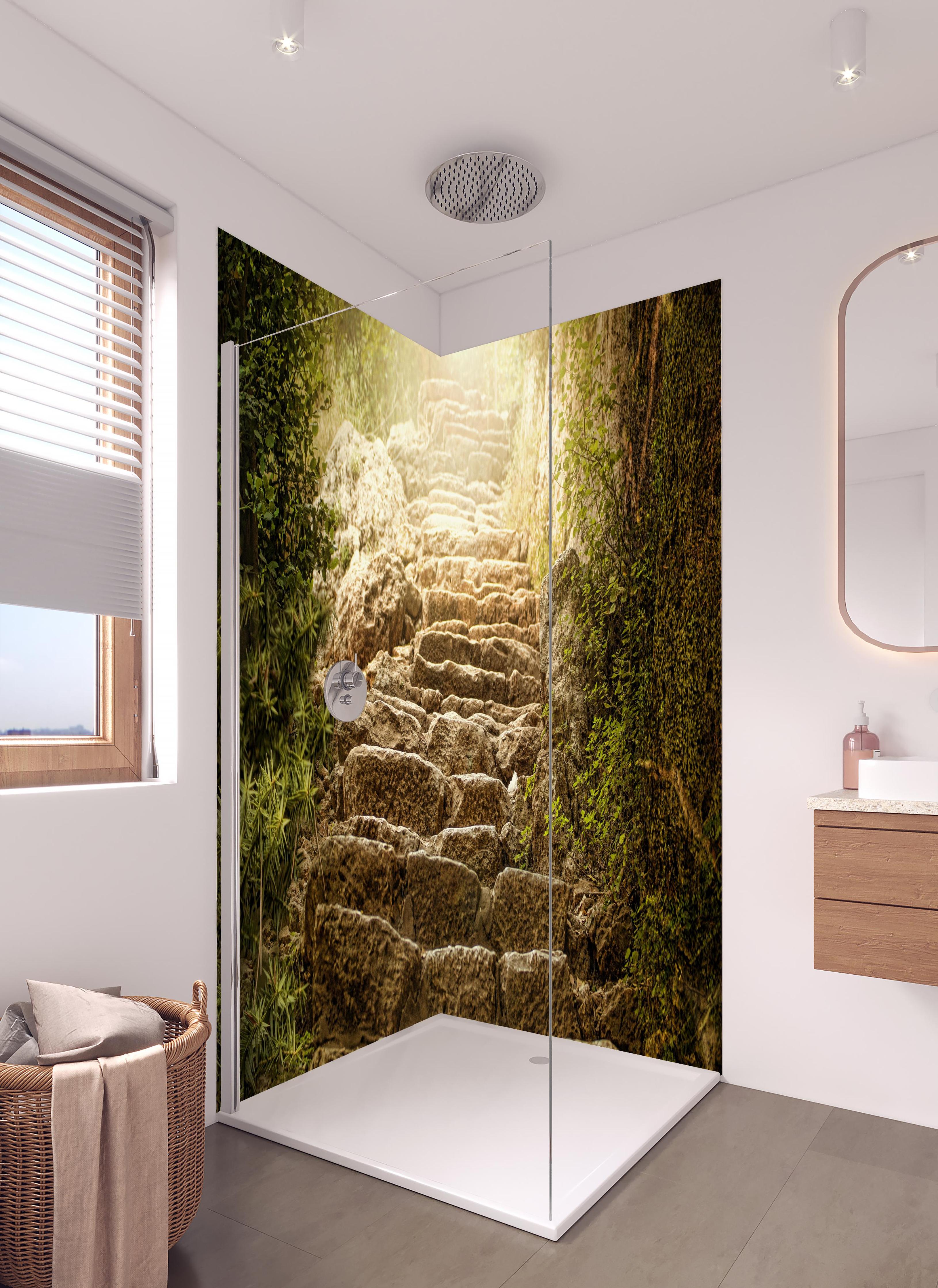 Duschrückwand - bewachsene Steintreppen in der Natur in hellem Badezimmer mit Regenduschkopf - zweiteilige Eck-Duschrückwand