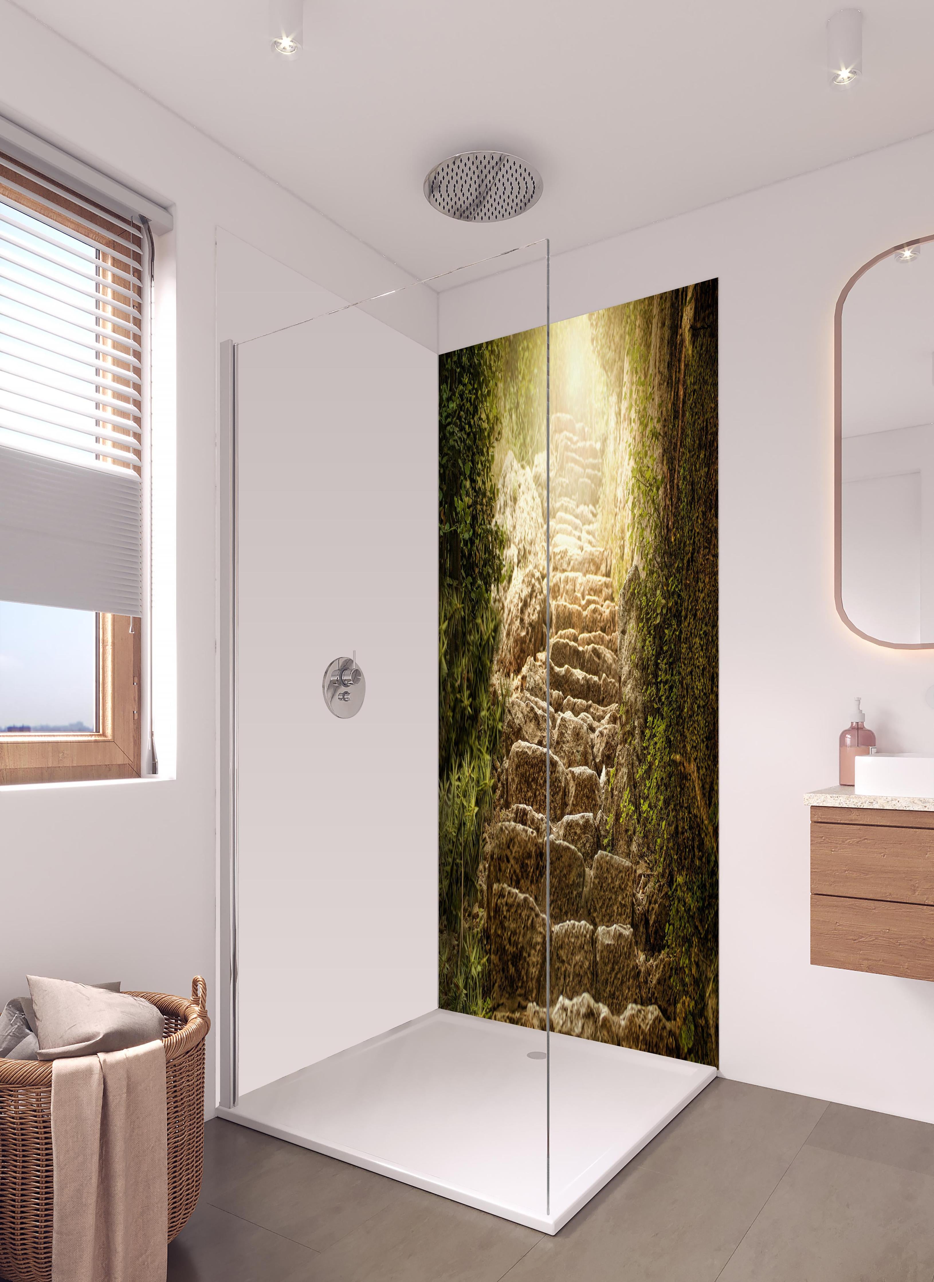 Duschrückwand - bewachsene Steintreppen in der Natur in hellem Badezimmer mit Regenduschkopf - zweiteilige Eck-Duschrückwand