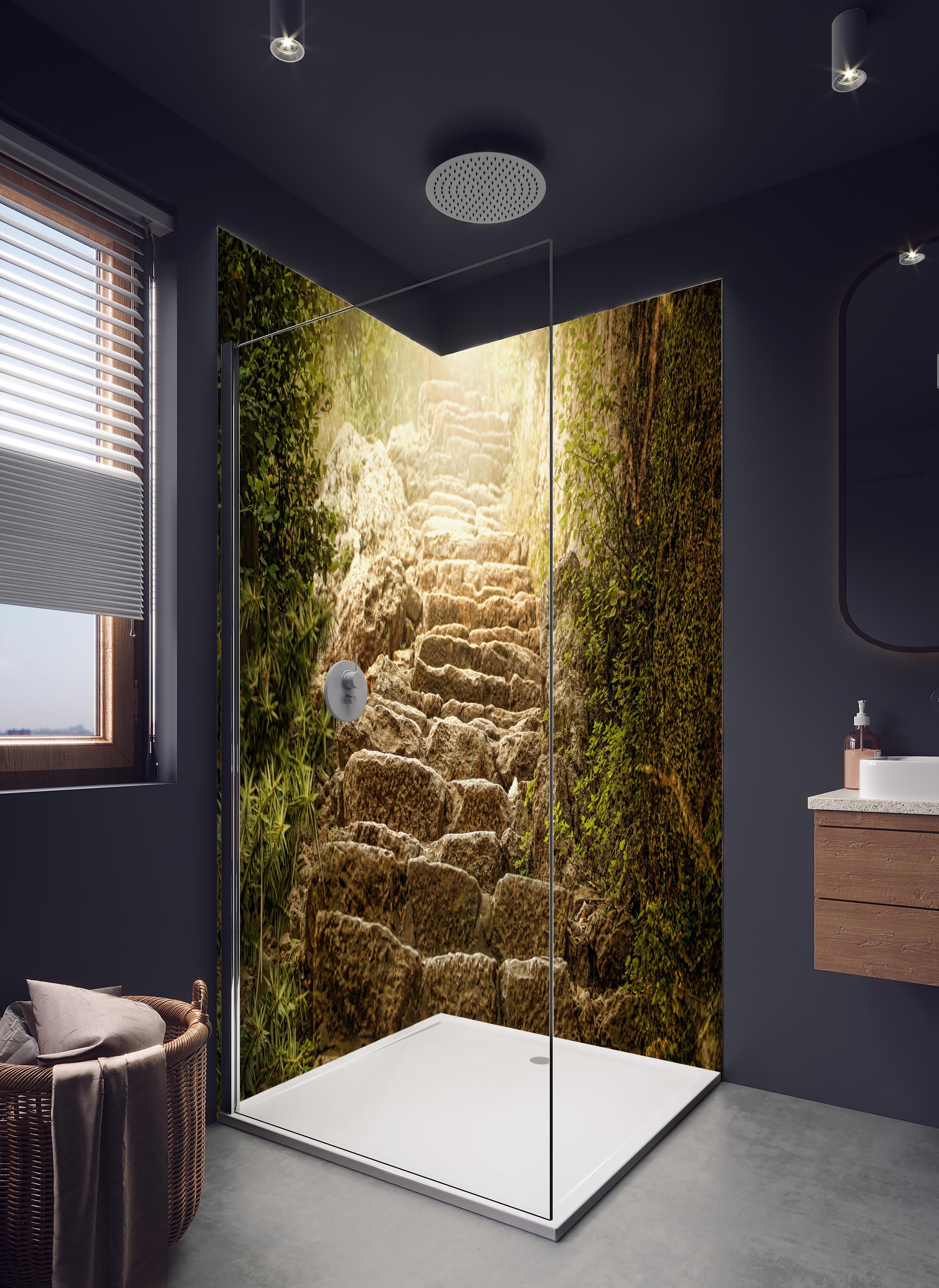 Duschrückwand - bewachsene Steintreppen in der Natur in hellem Badezimmer mit Regenduschkopf - zweiteilige Eck-Duschrückwand