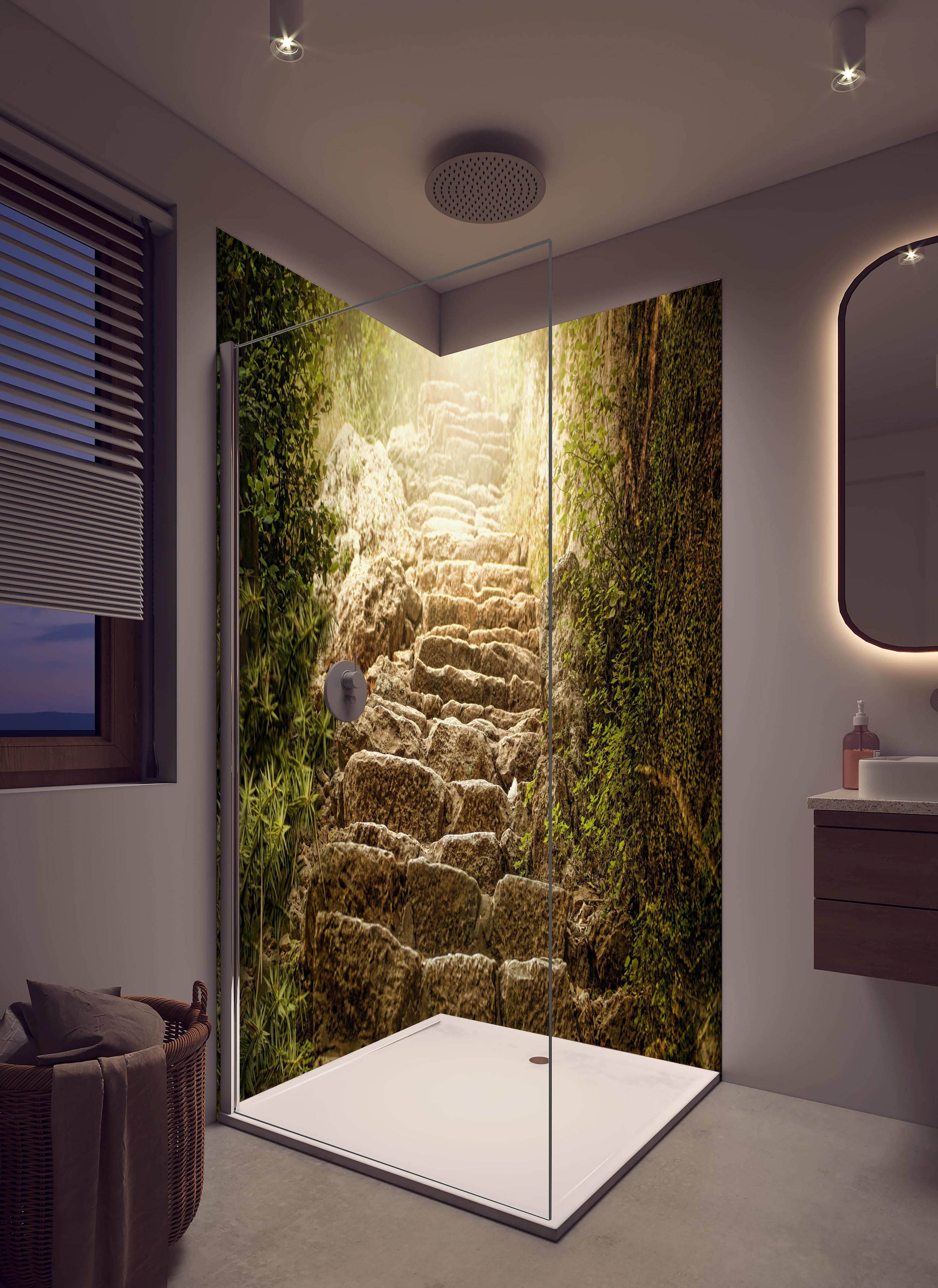 Duschrückwand - bewachsene Steintreppen in der Natur in hellem Badezimmer mit Regenduschkopf - zweiteilige Eck-Duschrückwand