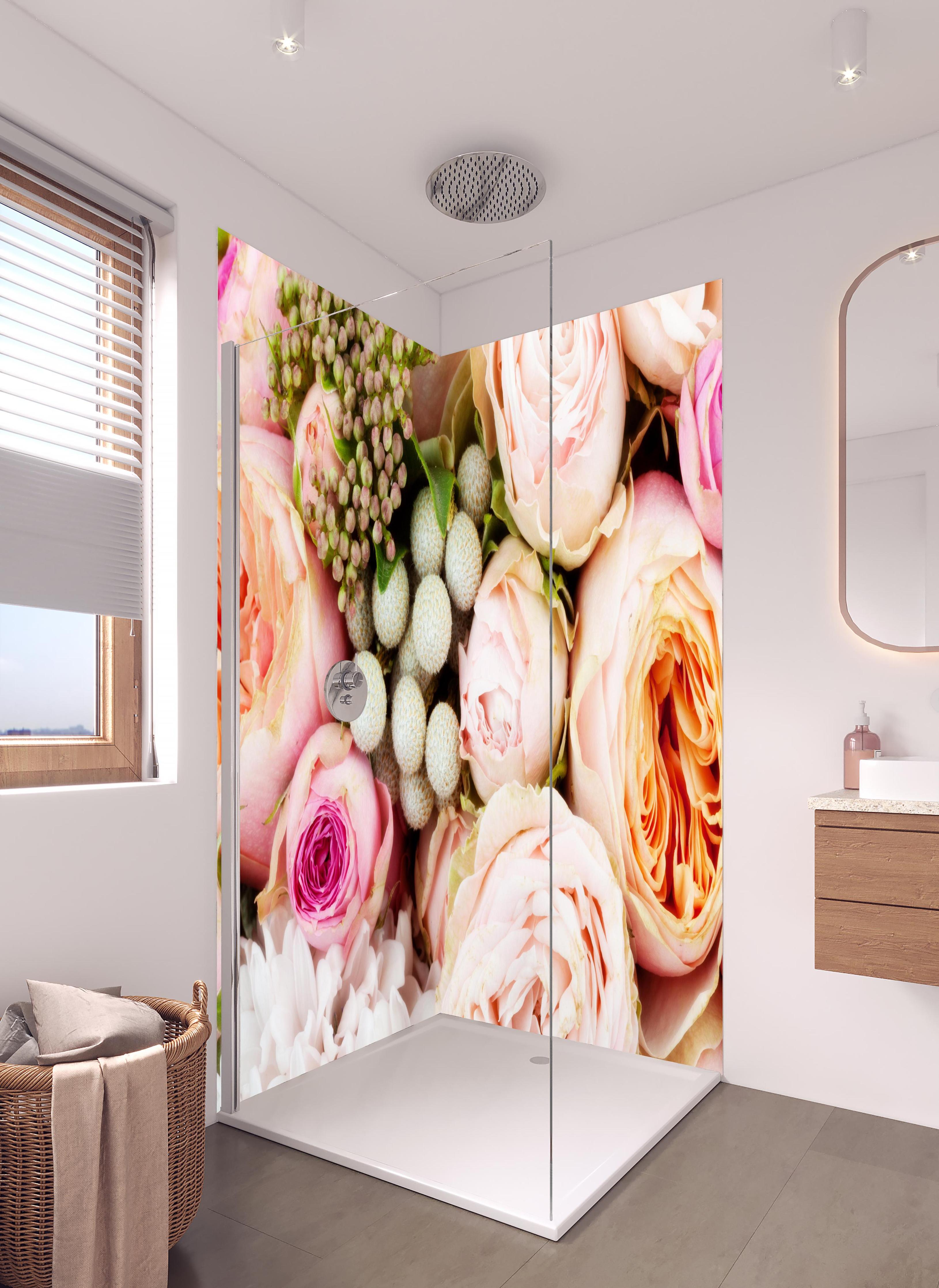 Duschrückwand - bunter sommerlicher Blumenstrauß in hellem Badezimmer mit Regenduschkopf - zweiteilige Eck-Duschrückwand