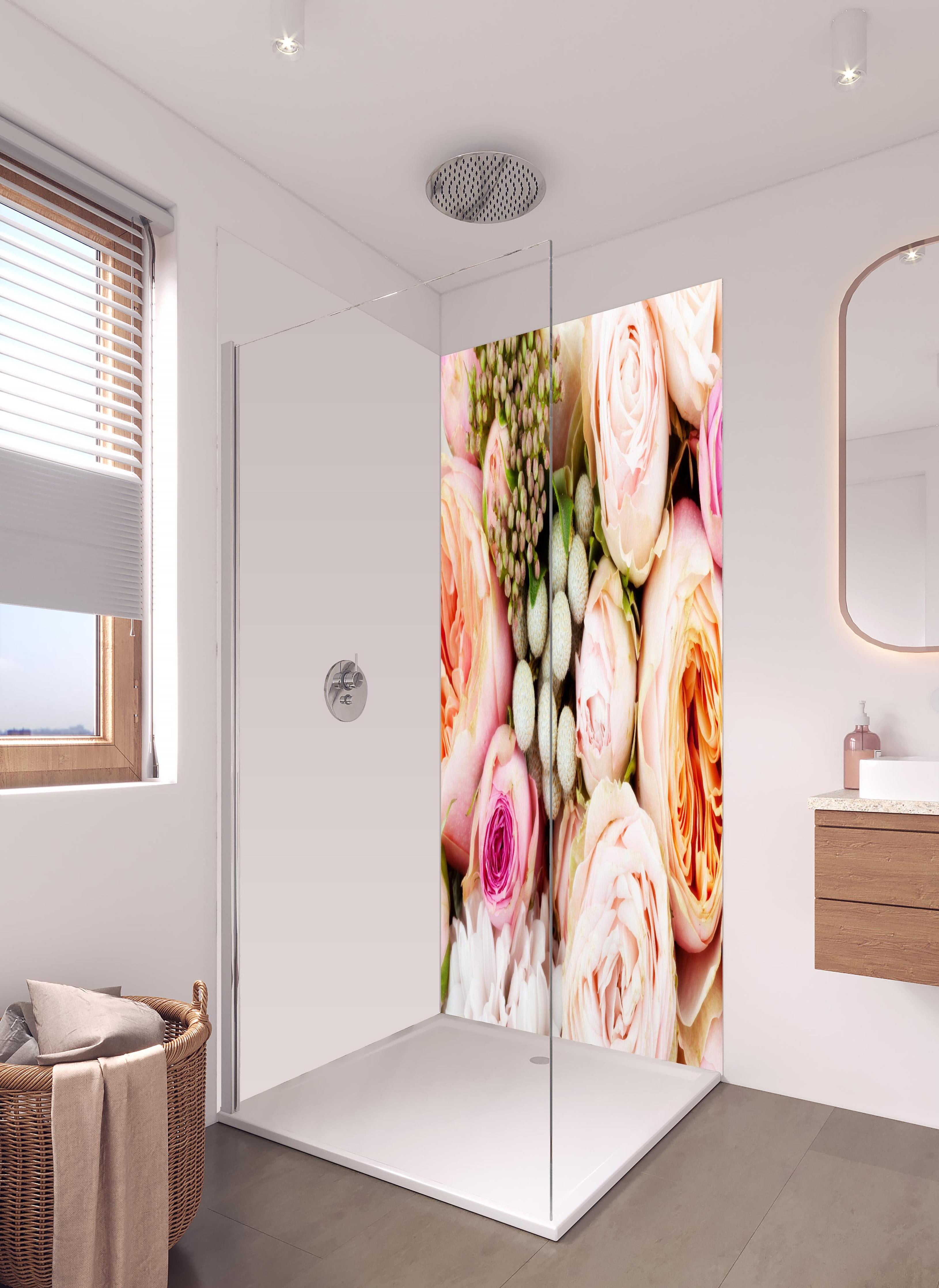 Duschrückwand - bunter sommerlicher Blumenstrauß in hellem Badezimmer mit Regenduschkopf - zweiteilige Eck-Duschrückwand