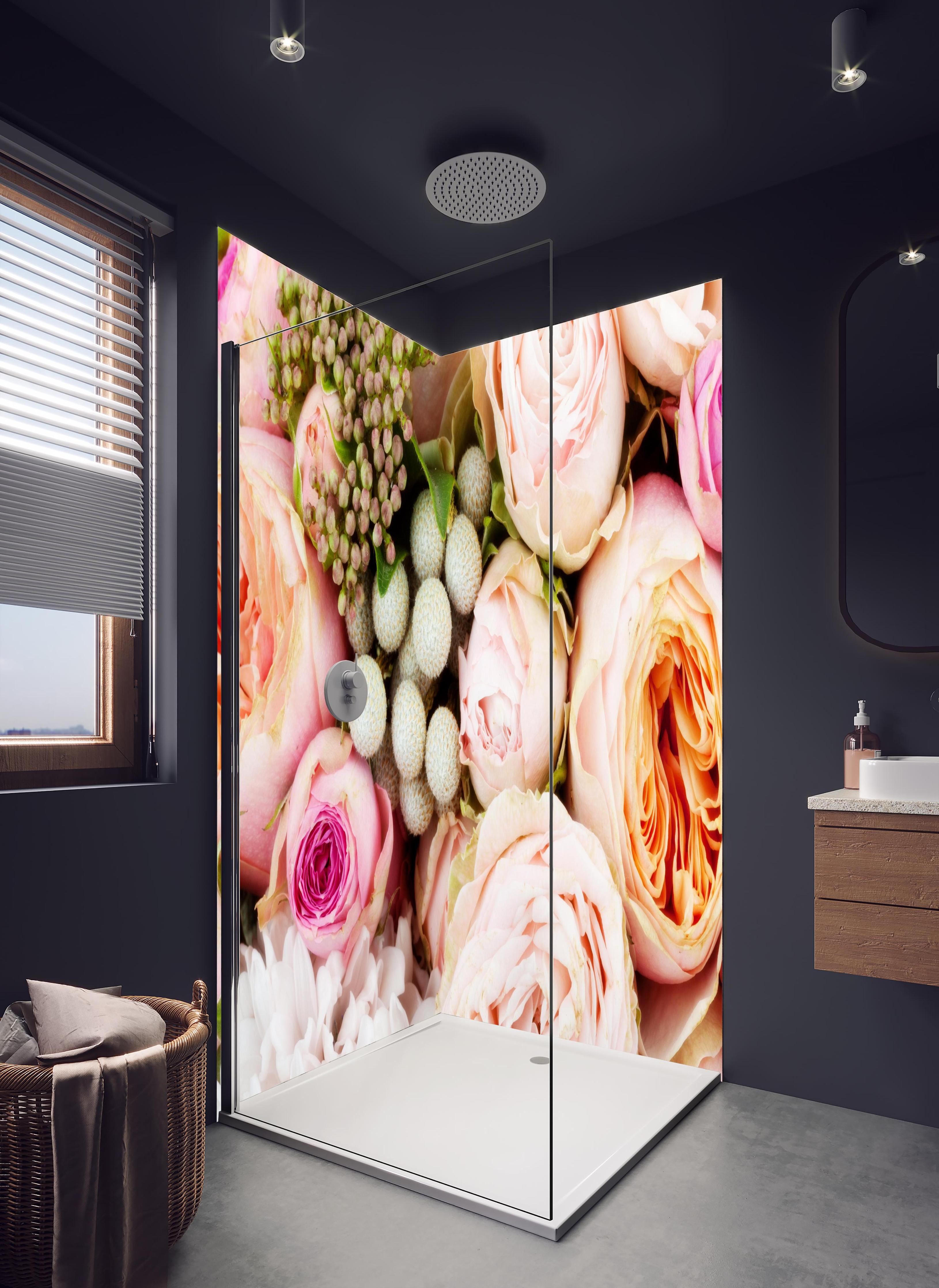 Duschrückwand - bunter sommerlicher Blumenstrauß in hellem Badezimmer mit Regenduschkopf - zweiteilige Eck-Duschrückwand