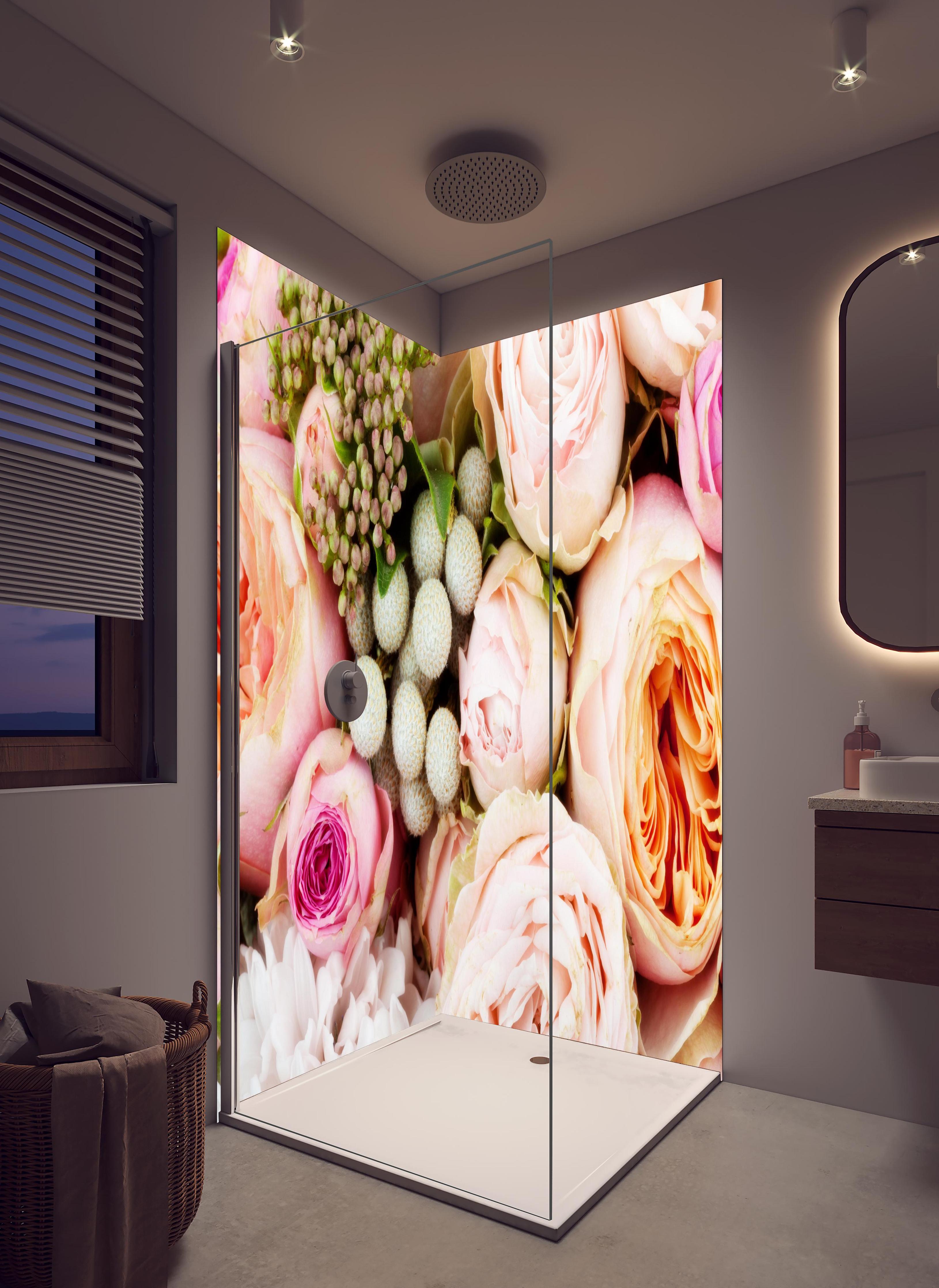 Duschrückwand - bunter sommerlicher Blumenstrauß in hellem Badezimmer mit Regenduschkopf - zweiteilige Eck-Duschrückwand