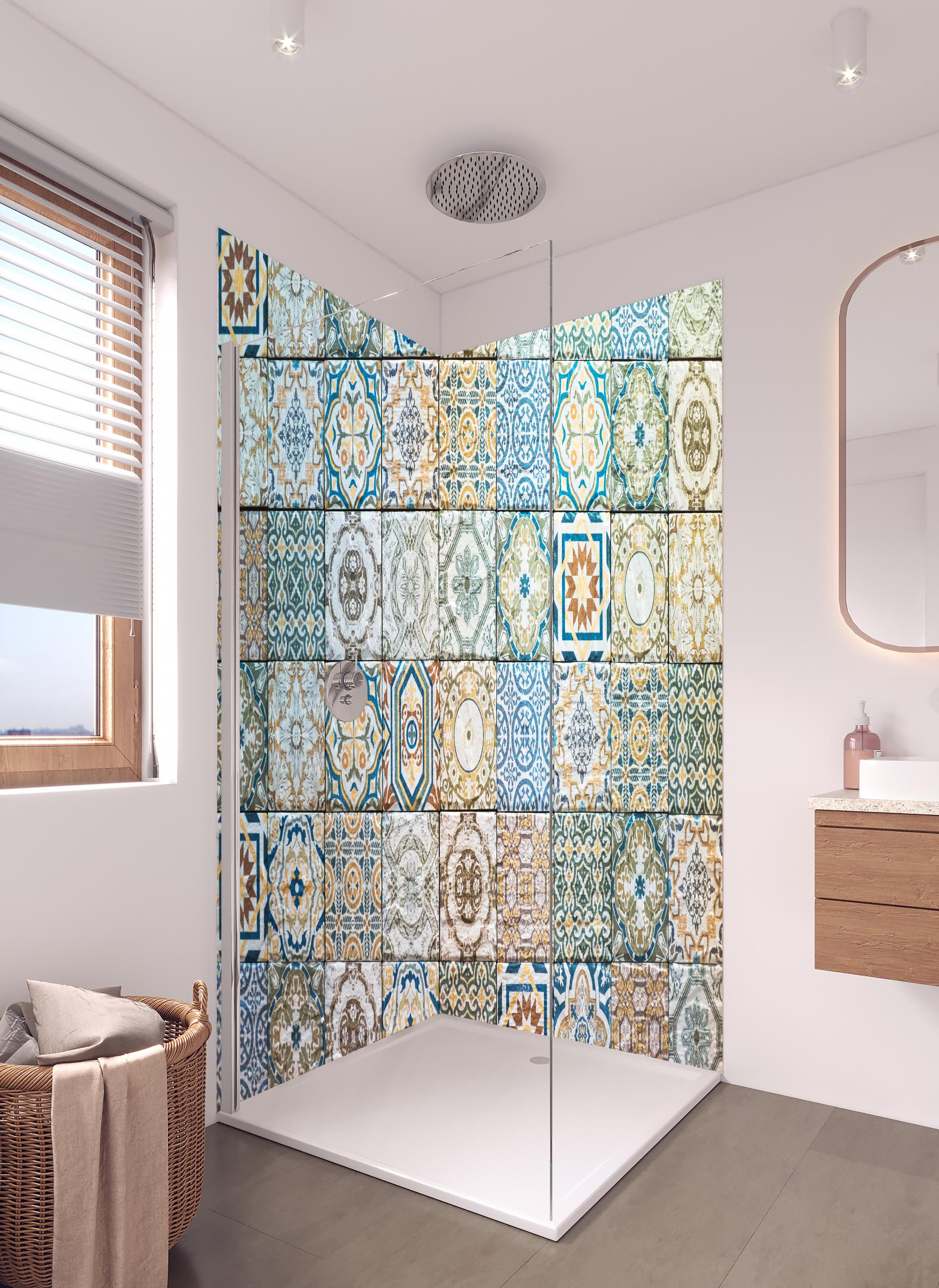 Duschrückwand - buntes Mosaik im spanischen Stil in hellem Badezimmer mit Regenduschkopf - zweiteilige Eck-Duschrückwand