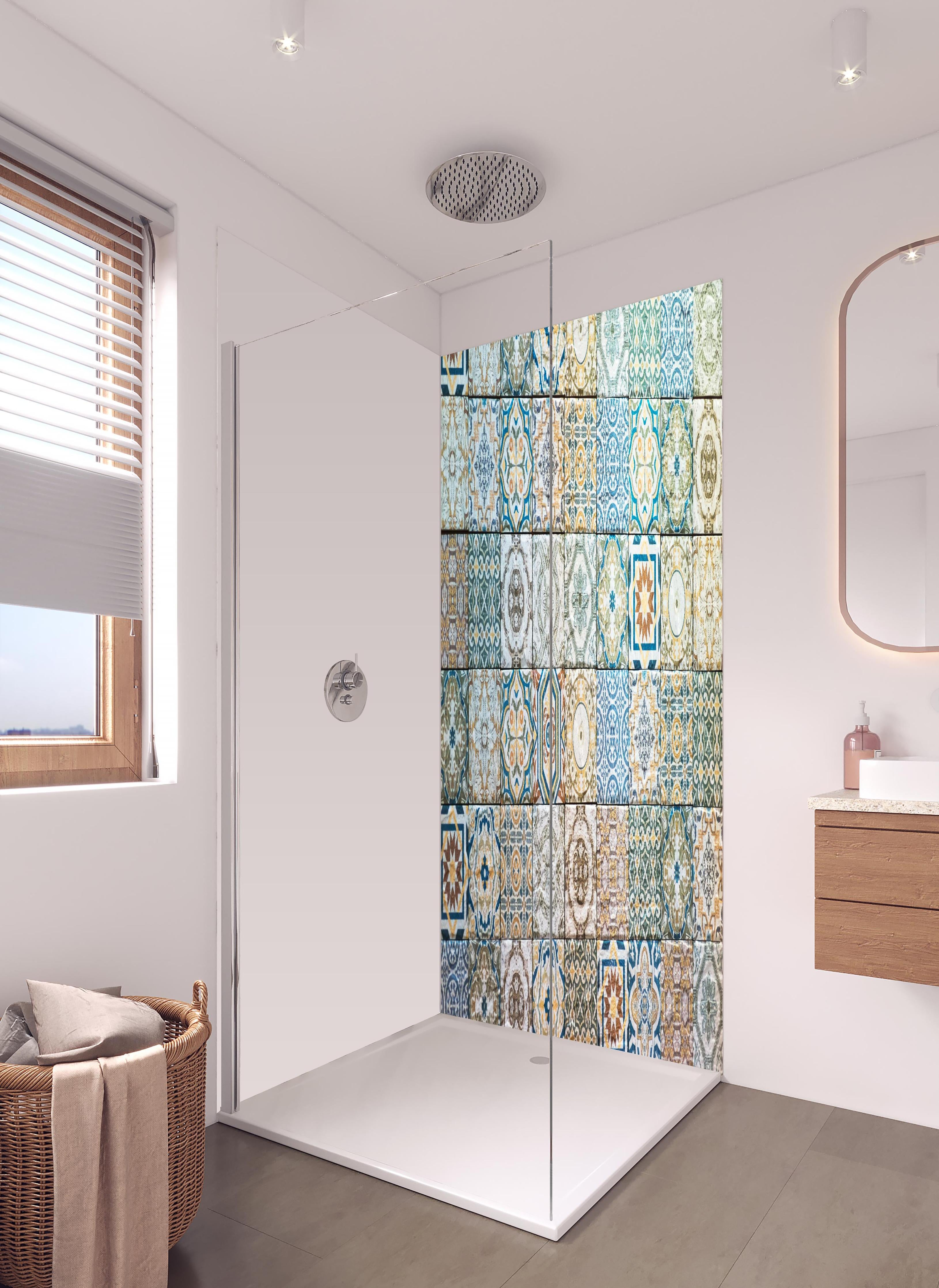 Duschrückwand - buntes Mosaik im spanischen Stil in hellem Badezimmer mit Regenduschkopf - zweiteilige Eck-Duschrückwand