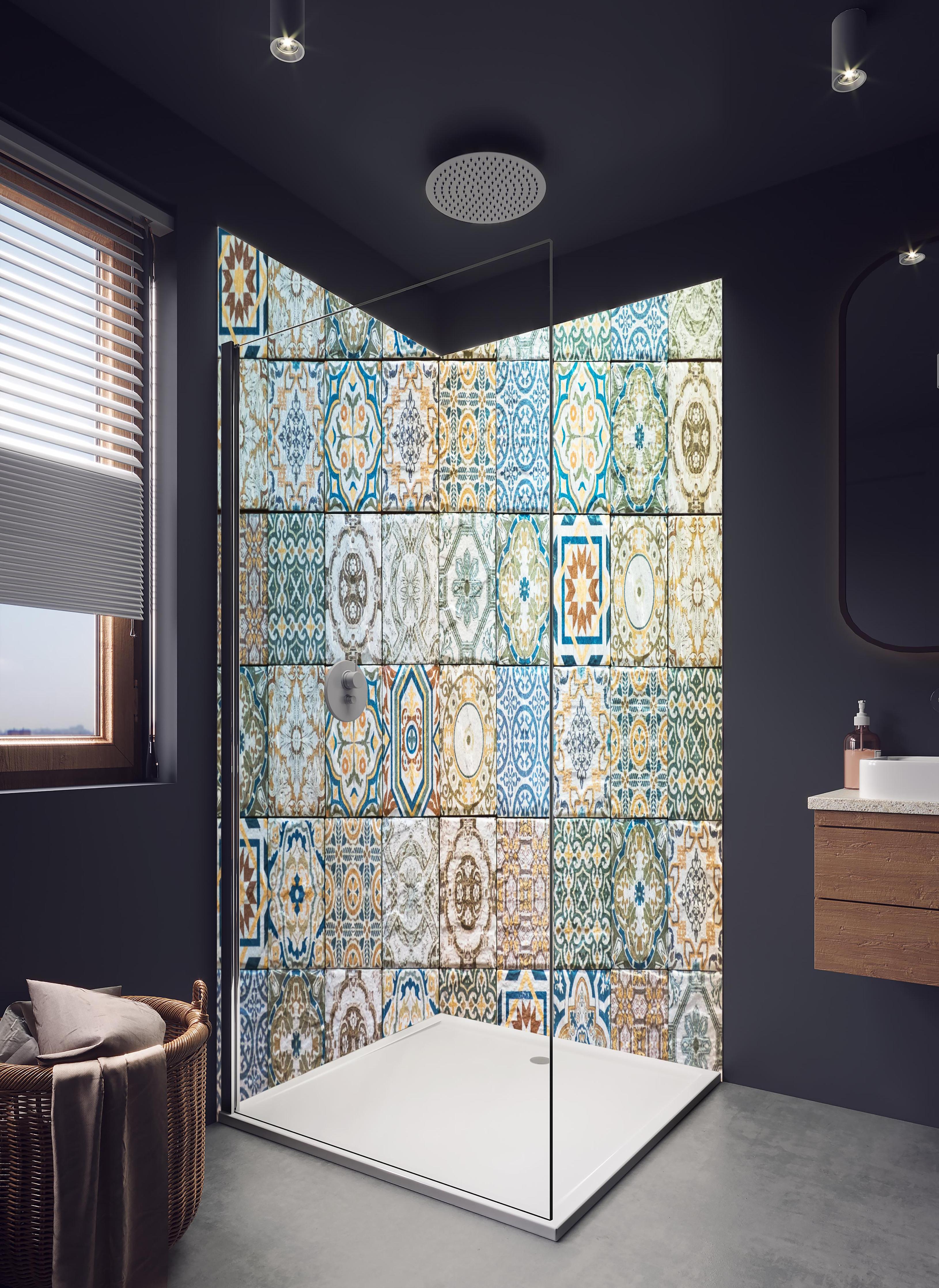 Duschrückwand - buntes Mosaik im spanischen Stil in hellem Badezimmer mit Regenduschkopf - zweiteilige Eck-Duschrückwand