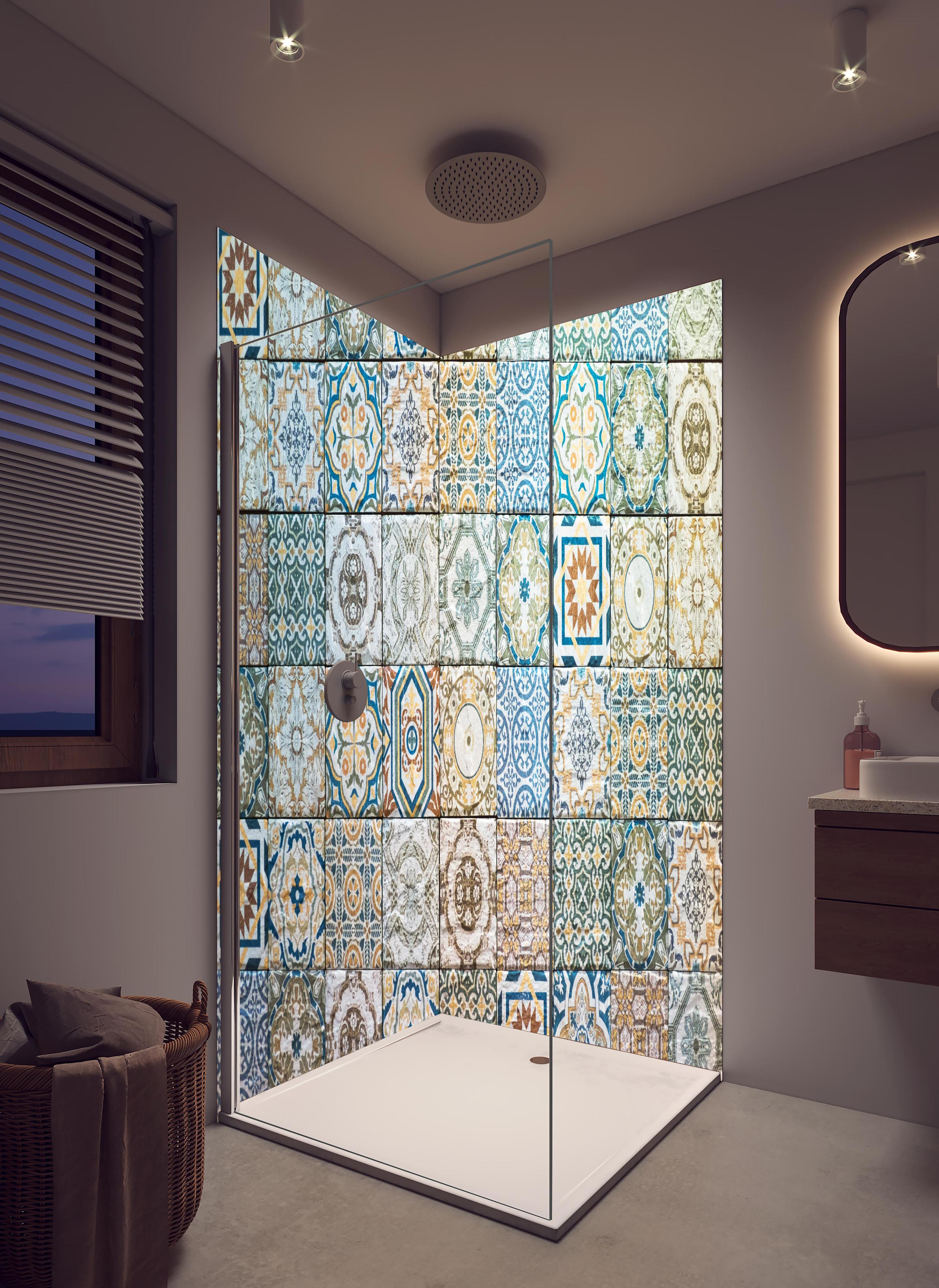 Duschrückwand - buntes Mosaik im spanischen Stil in hellem Badezimmer mit Regenduschkopf - zweiteilige Eck-Duschrückwand