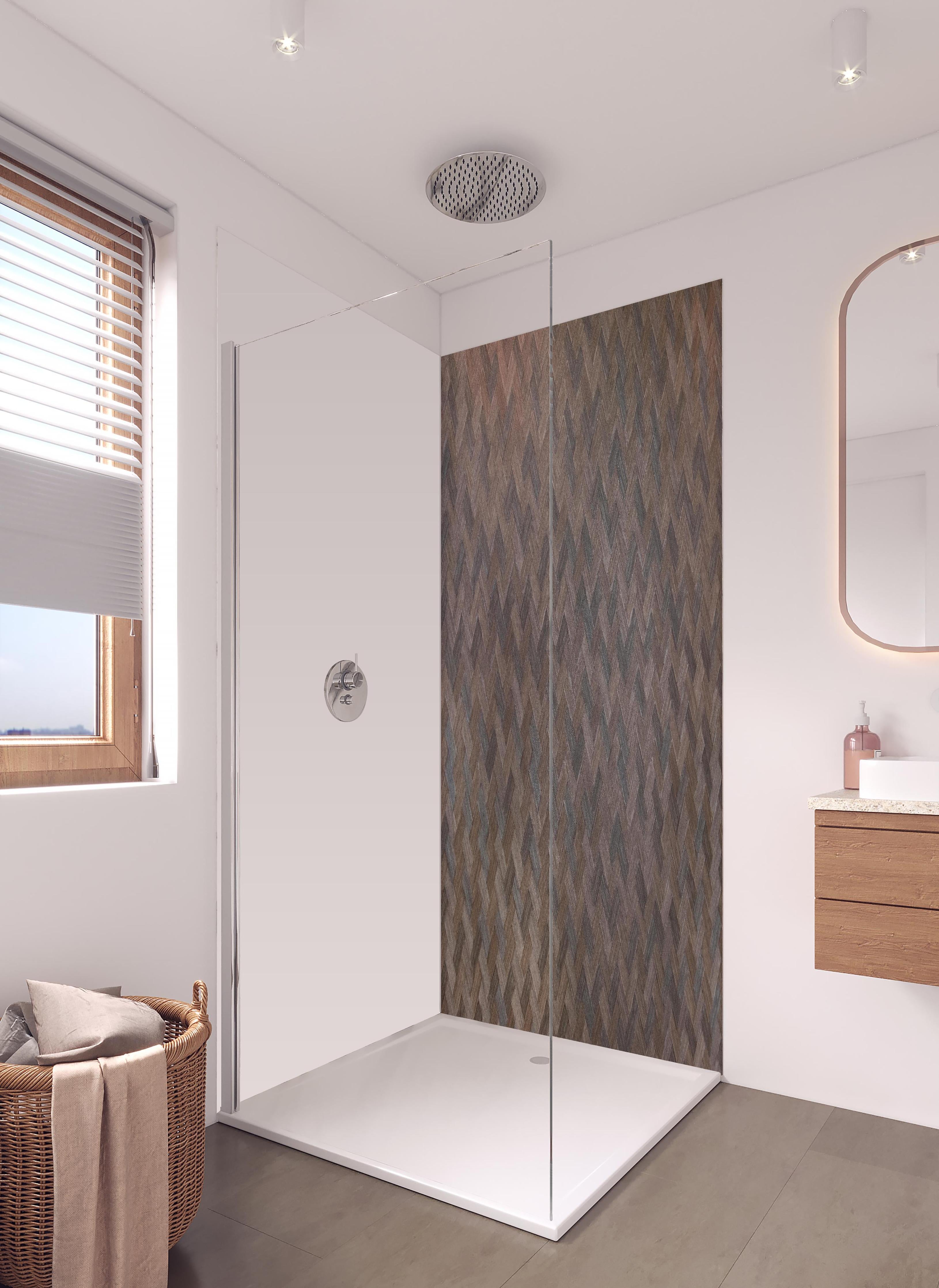 Duschrückwand - dunkles Vinyl Fischgrätenmuster in hellem Badezimmer mit Regenduschkopf - zweiteilige Eck-Duschrückwand