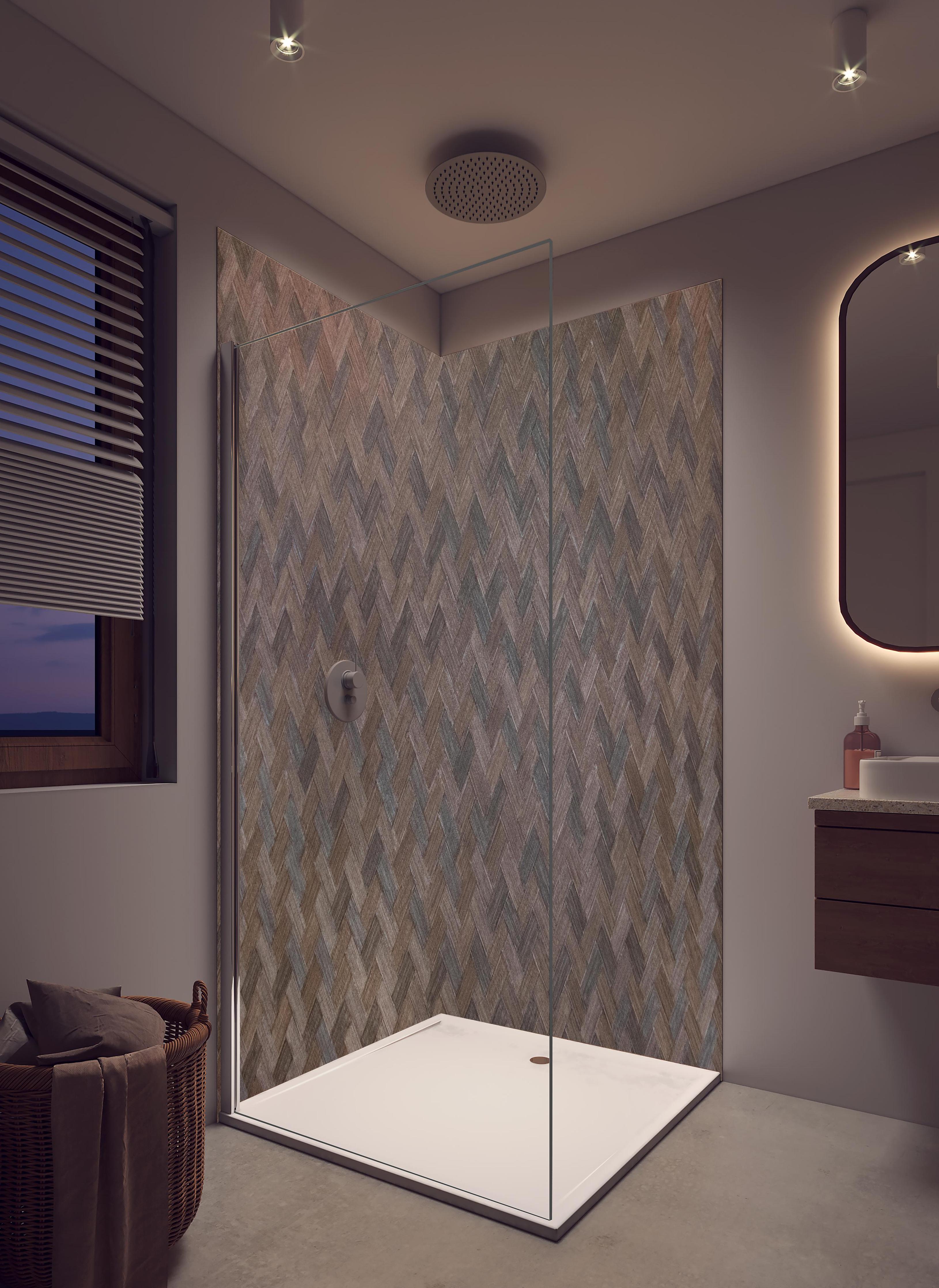 Duschrückwand - dunkles Vinyl Fischgrätenmuster in hellem Badezimmer mit Regenduschkopf - zweiteilige Eck-Duschrückwand