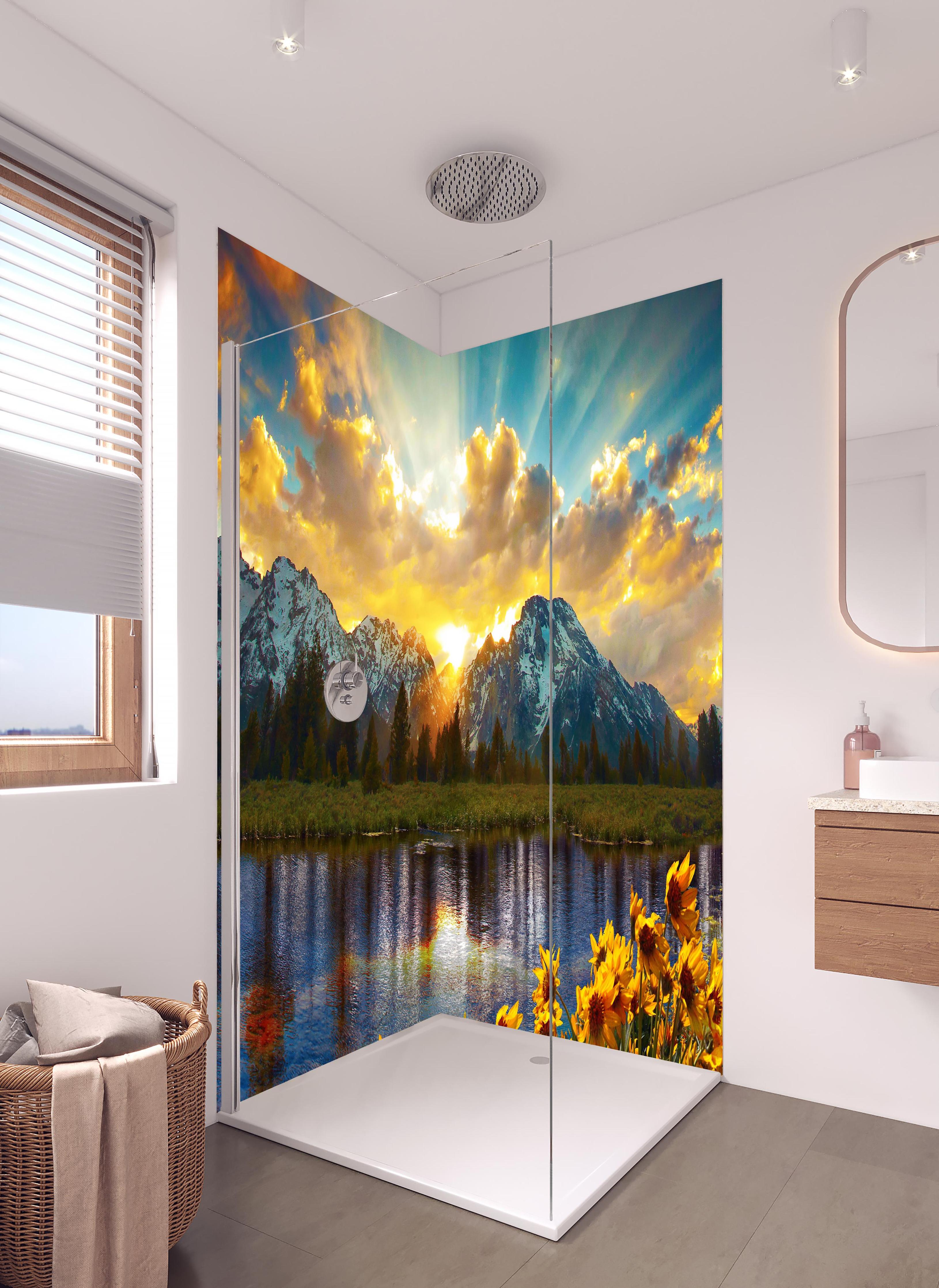 Duschrückwand - einzigartiges Lichtspiel im Grand Teton in hellem Badezimmer mit Regenduschkopf - zweiteilige Eck-Duschrückwand