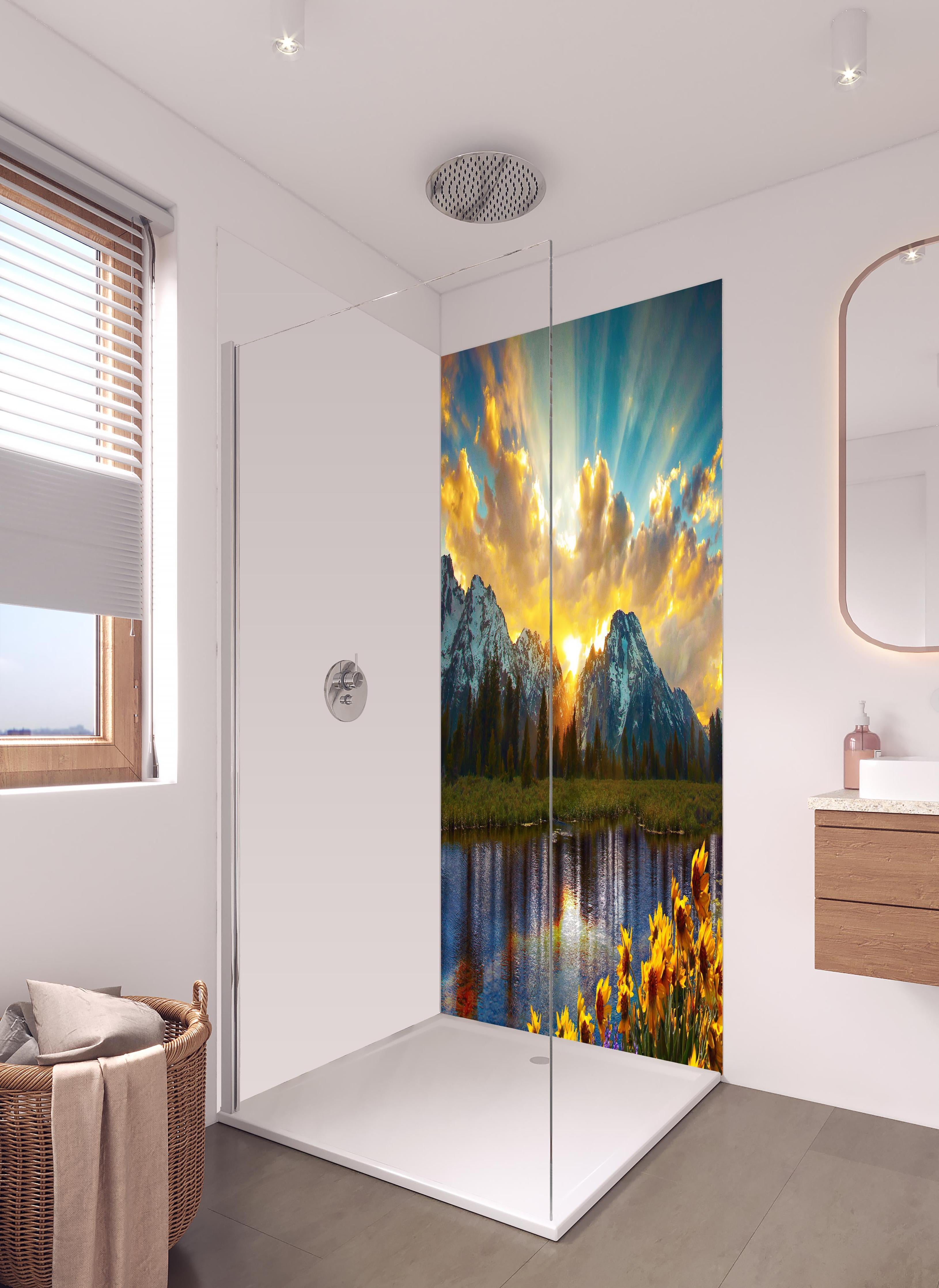 Duschrückwand - einzigartiges Lichtspiel im Grand Teton in hellem Badezimmer mit Regenduschkopf - zweiteilige Eck-Duschrückwand