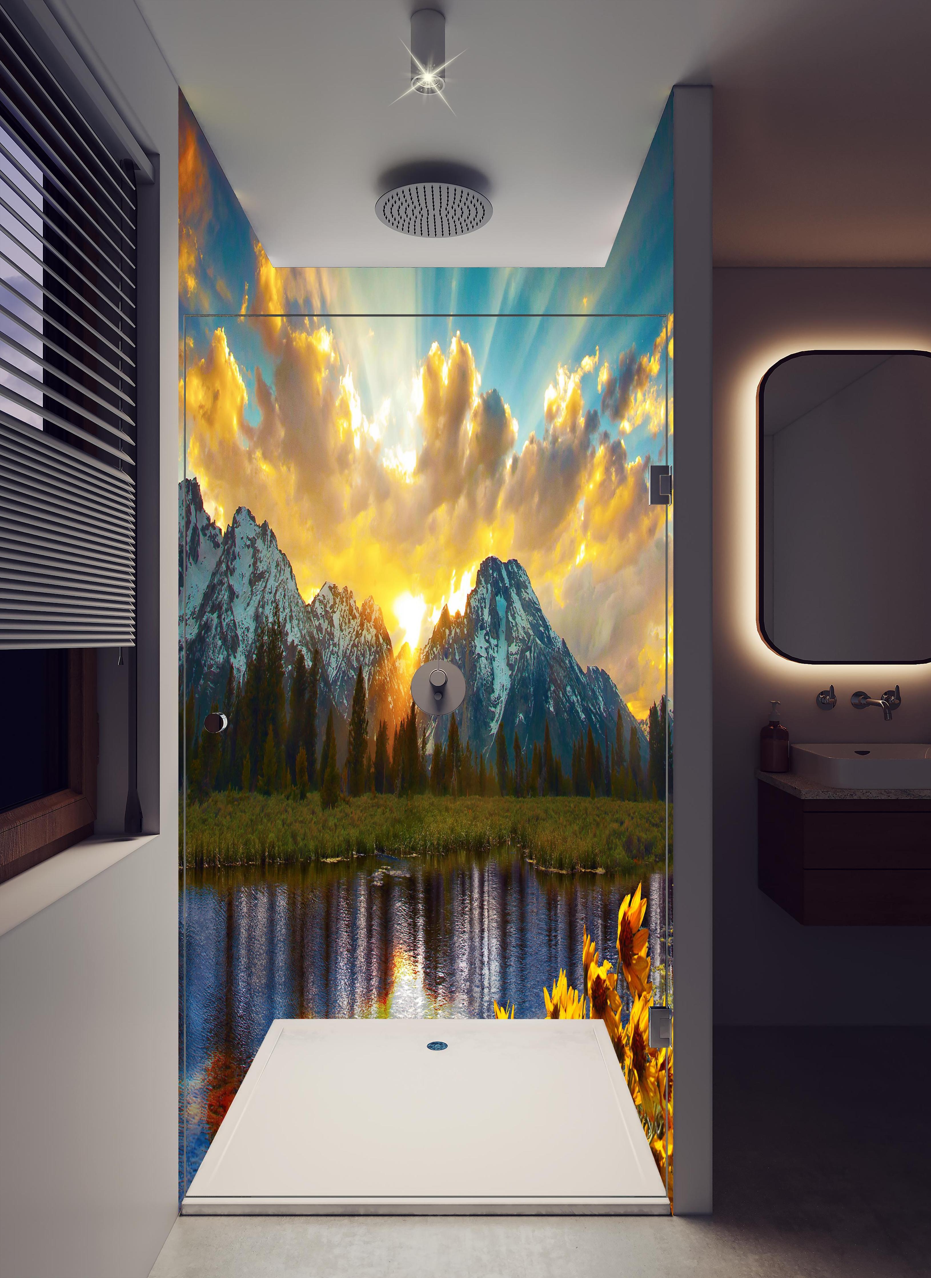 Duschrückwand - einzigartiges Lichtspiel im Grand Teton in hellem Badezimmer mit Regenduschkopf - zweiteilige Eck-Duschrückwand