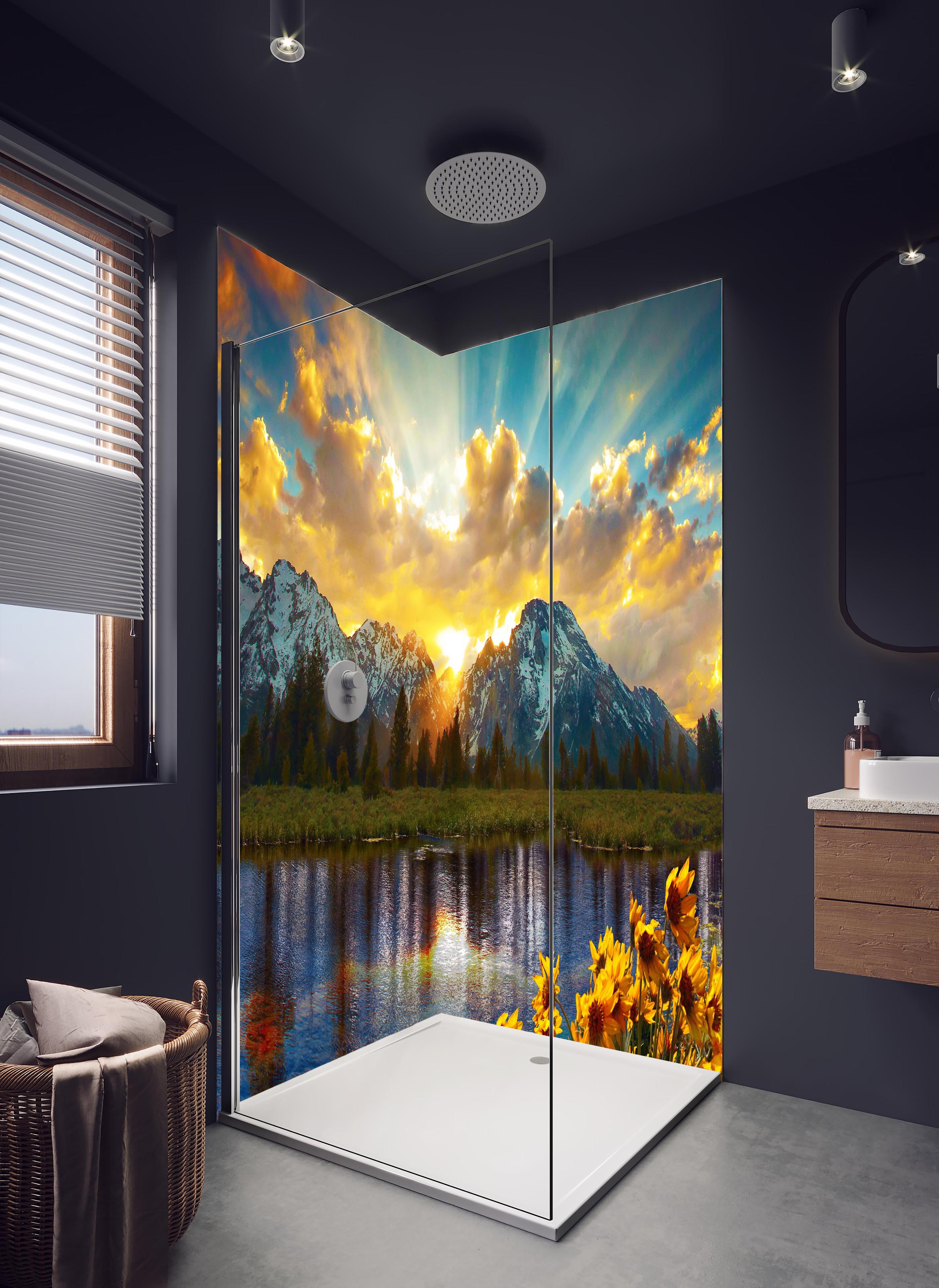 Duschrückwand - einzigartiges Lichtspiel im Grand Teton in hellem Badezimmer mit Regenduschkopf - zweiteilige Eck-Duschrückwand