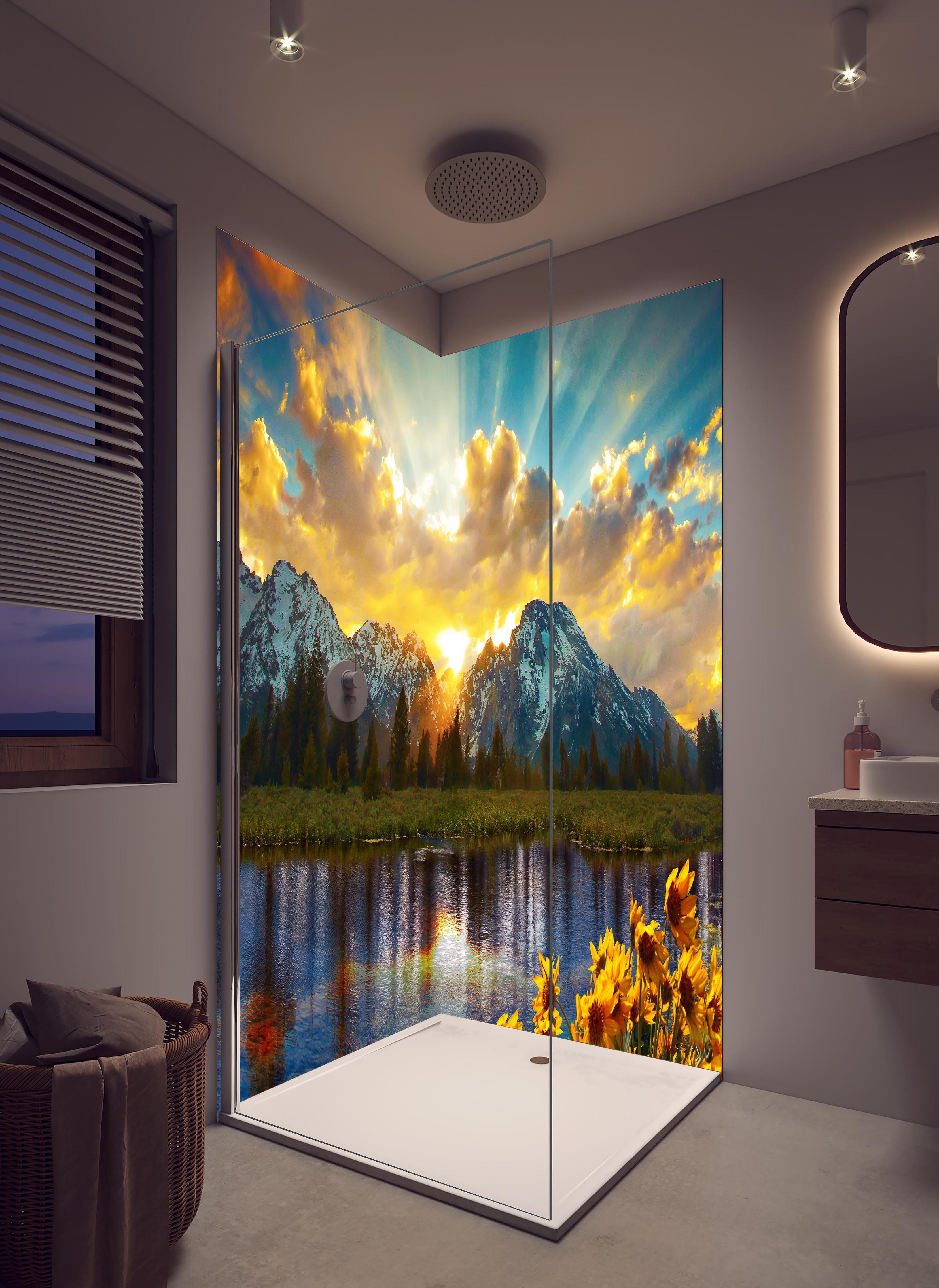 Duschrückwand - einzigartiges Lichtspiel im Grand Teton in hellem Badezimmer mit Regenduschkopf - zweiteilige Eck-Duschrückwand