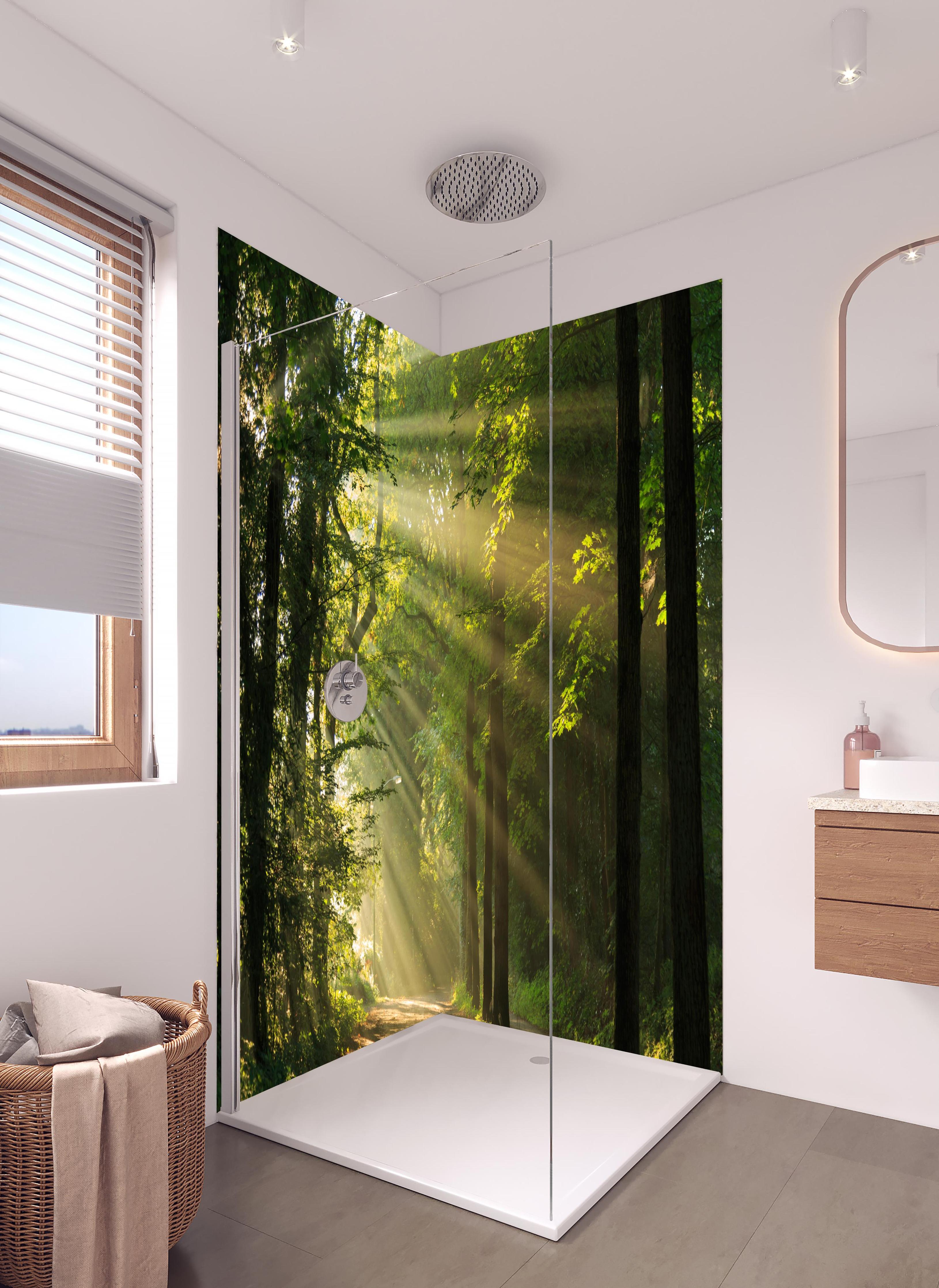 Duschrückwand - erleuchtende Sonnenstrahlen in den Wald in hellem Badezimmer mit Regenduschkopf - zweiteilige Eck-Duschrückwand