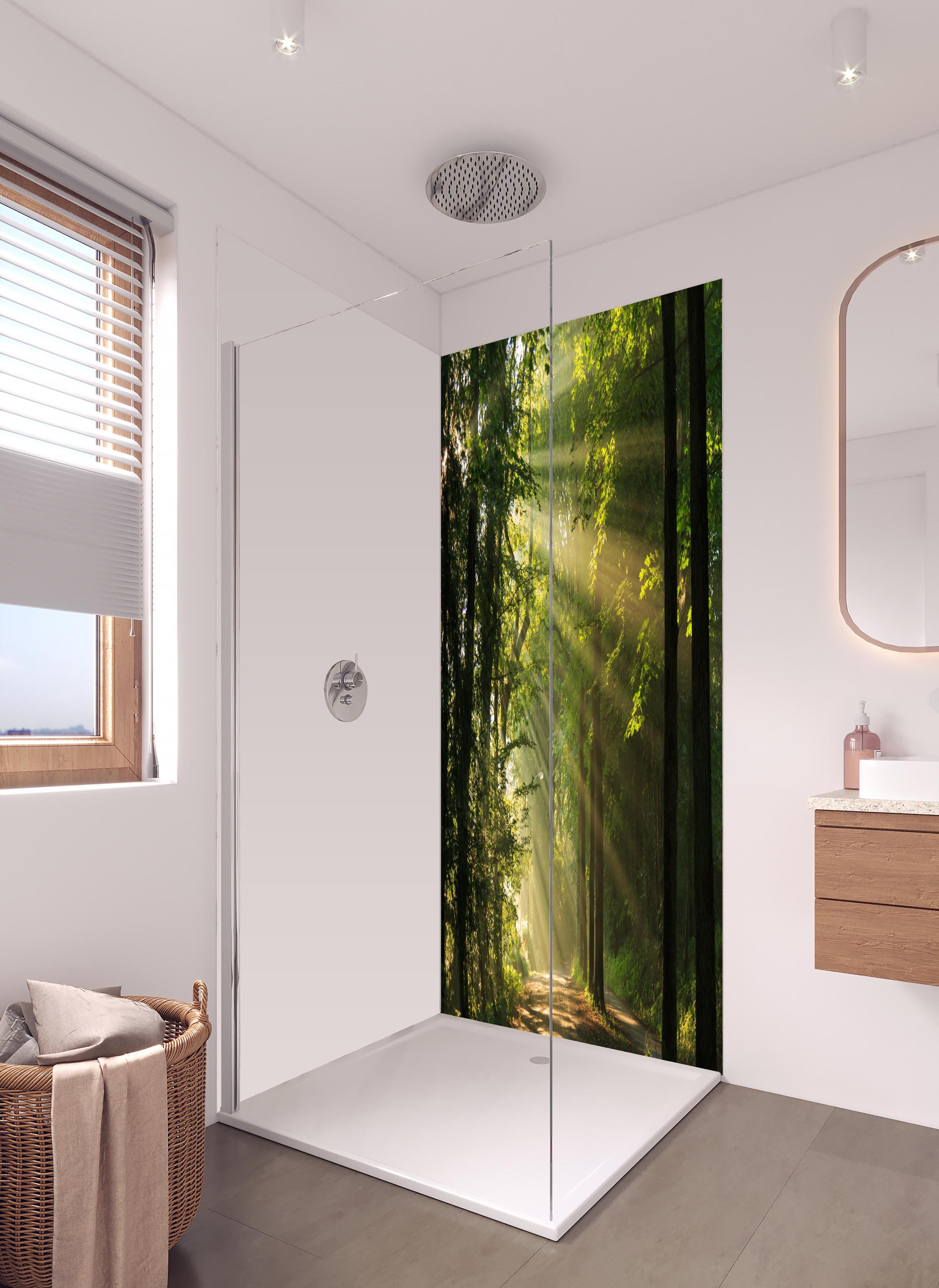 Duschrückwand - erleuchtende Sonnenstrahlen in den Wald in hellem Badezimmer mit Regenduschkopf - zweiteilige Eck-Duschrückwand