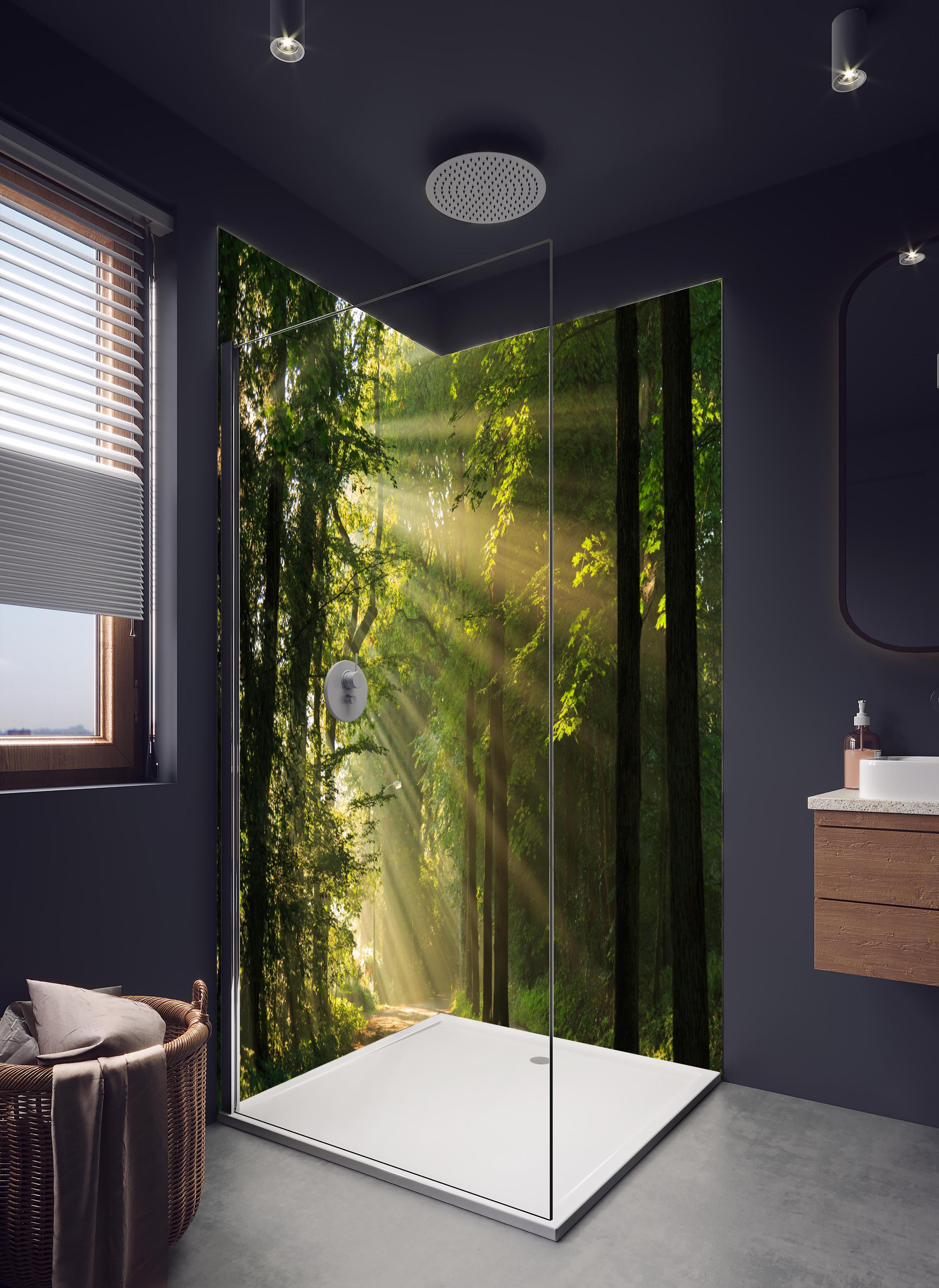 Duschrückwand - erleuchtende Sonnenstrahlen in den Wald in hellem Badezimmer mit Regenduschkopf - zweiteilige Eck-Duschrückwand