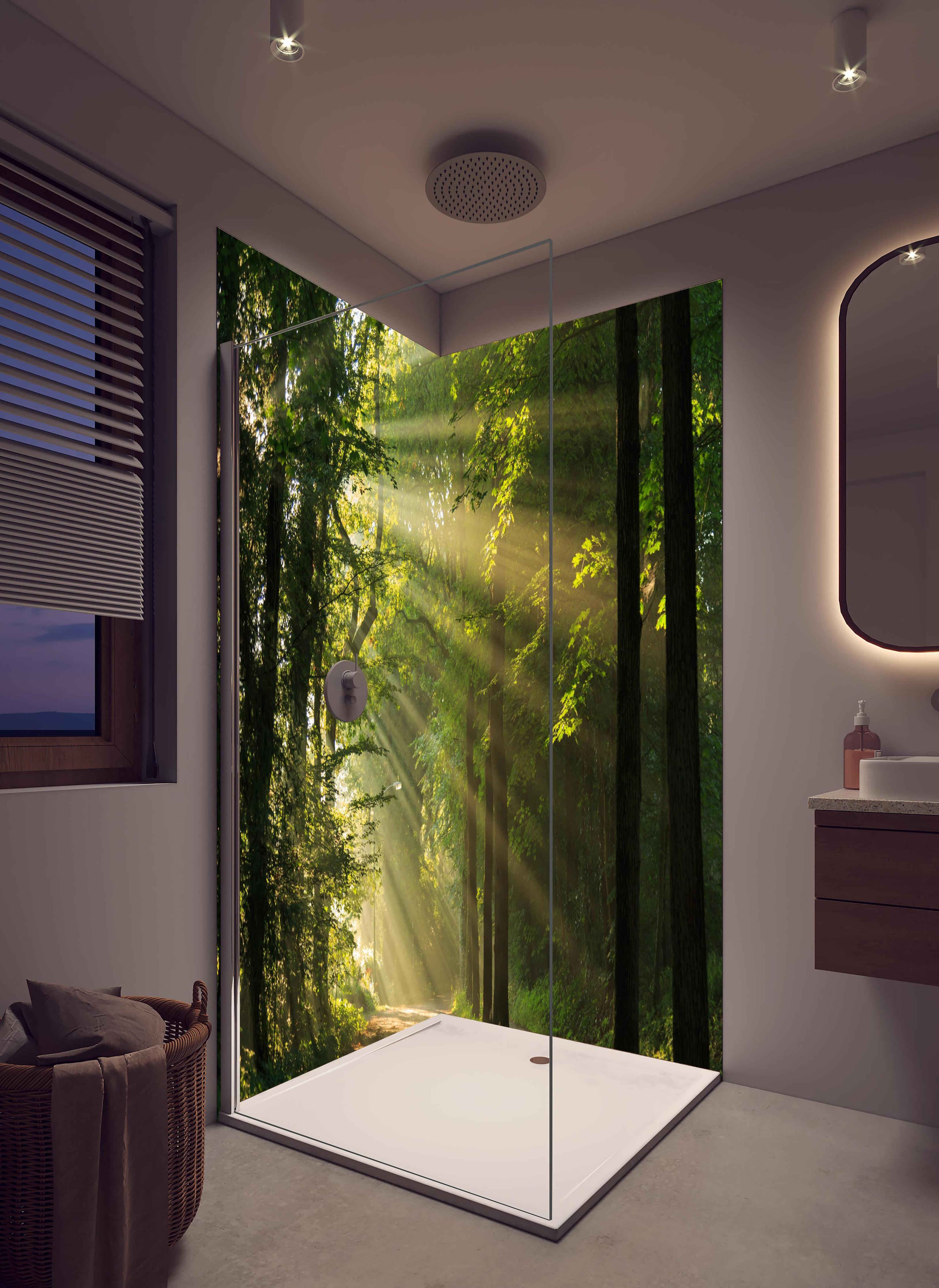 Duschrückwand - erleuchtende Sonnenstrahlen in den Wald in hellem Badezimmer mit Regenduschkopf - zweiteilige Eck-Duschrückwand