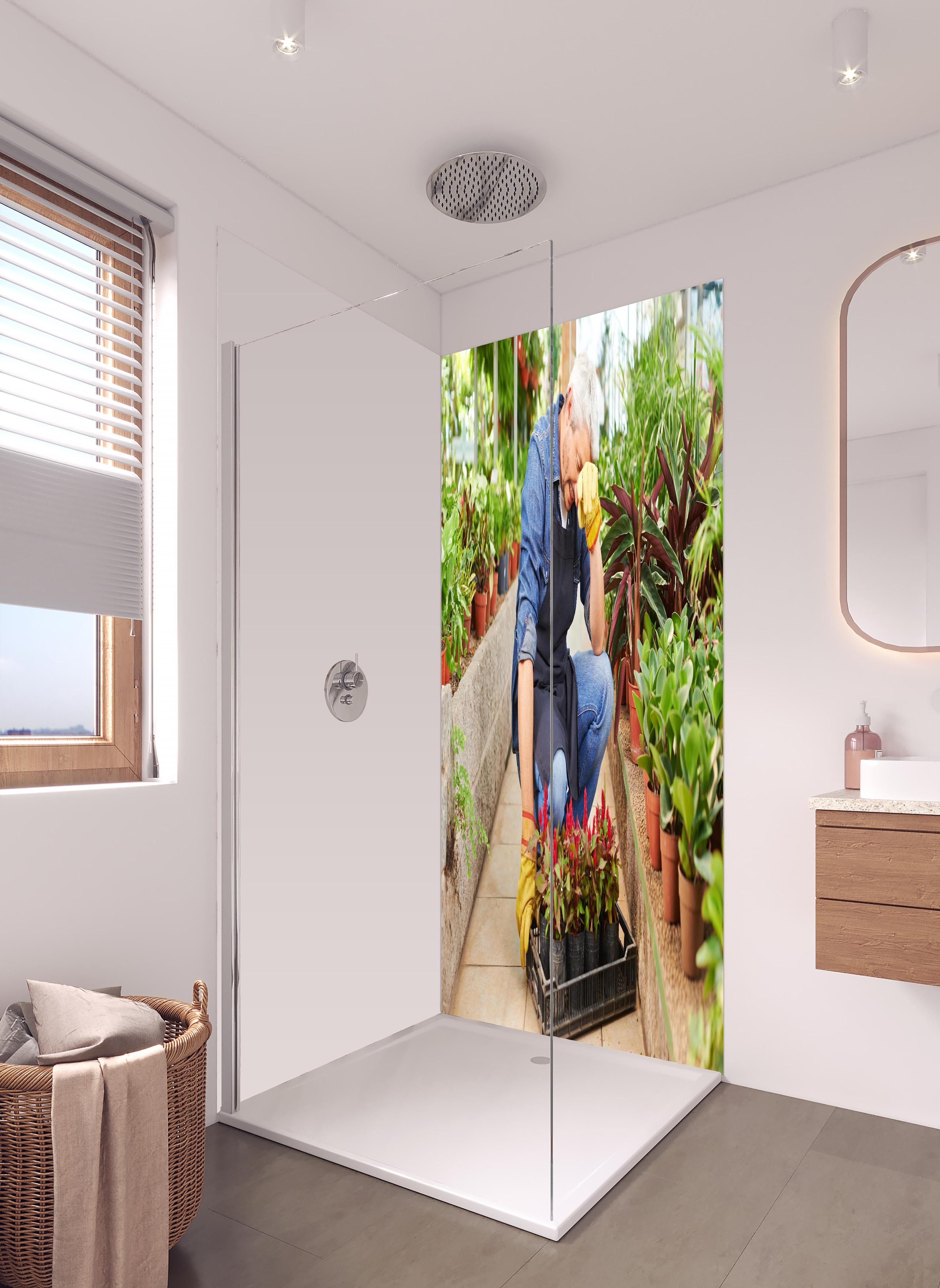 Duschrückwand - erschöpfter Gärtner im Gewächshaus in hellem Badezimmer mit Regenduschkopf - zweiteilige Eck-Duschrückwand