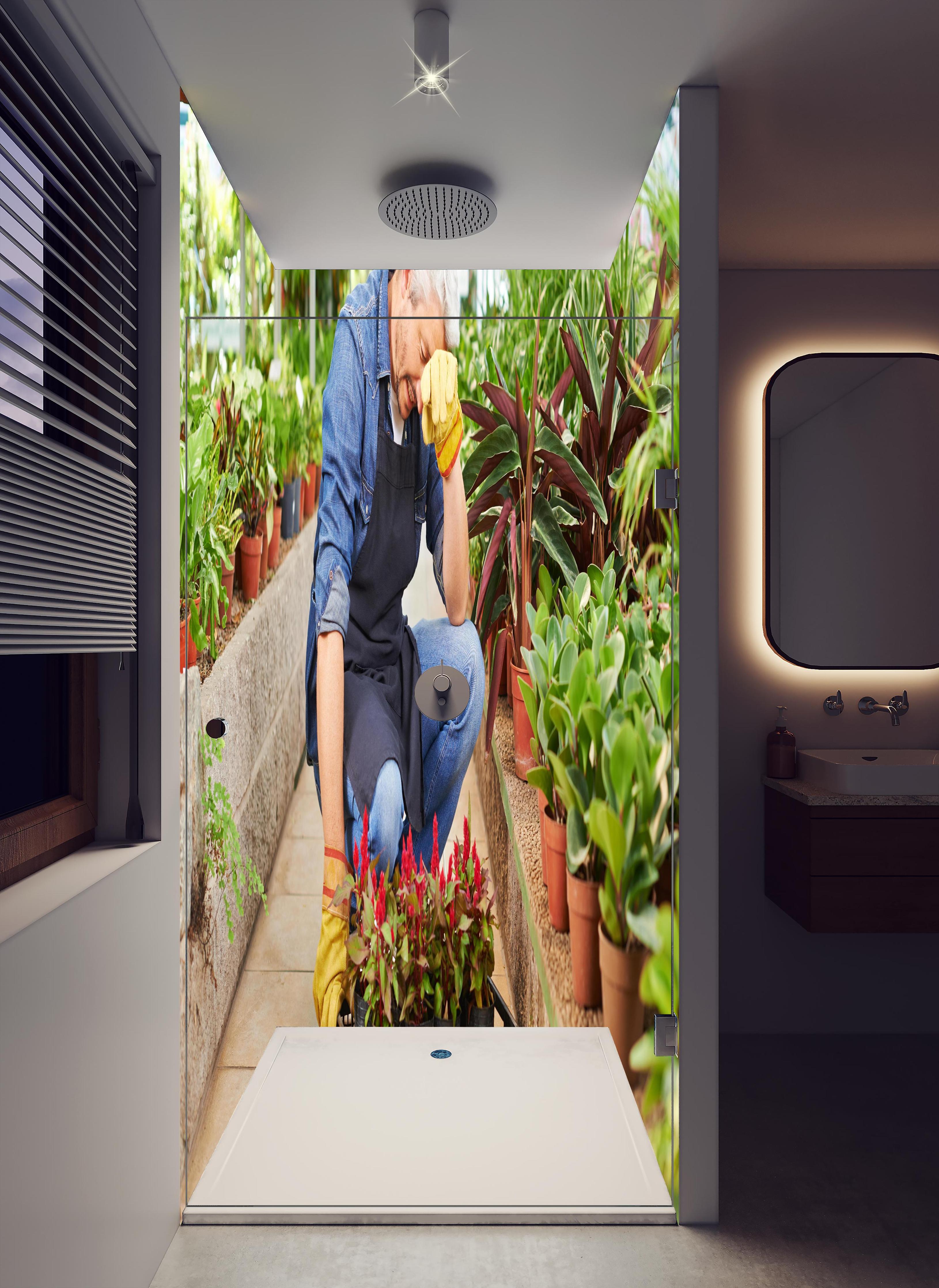 Duschrückwand - erschöpfter Gärtner im Gewächshaus in hellem Badezimmer mit Regenduschkopf - zweiteilige Eck-Duschrückwand