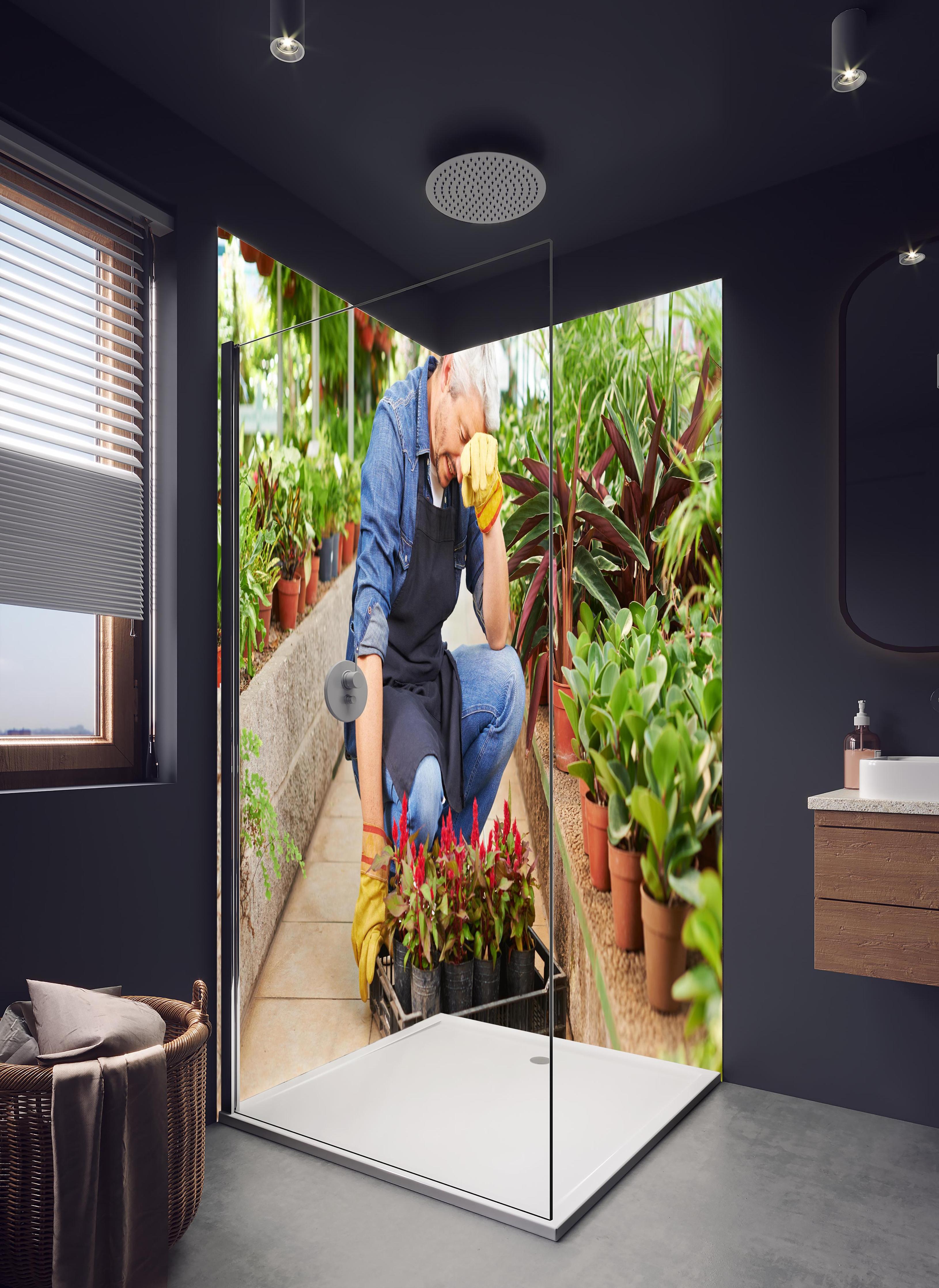 Duschrückwand - erschöpfter Gärtner im Gewächshaus in hellem Badezimmer mit Regenduschkopf - zweiteilige Eck-Duschrückwand