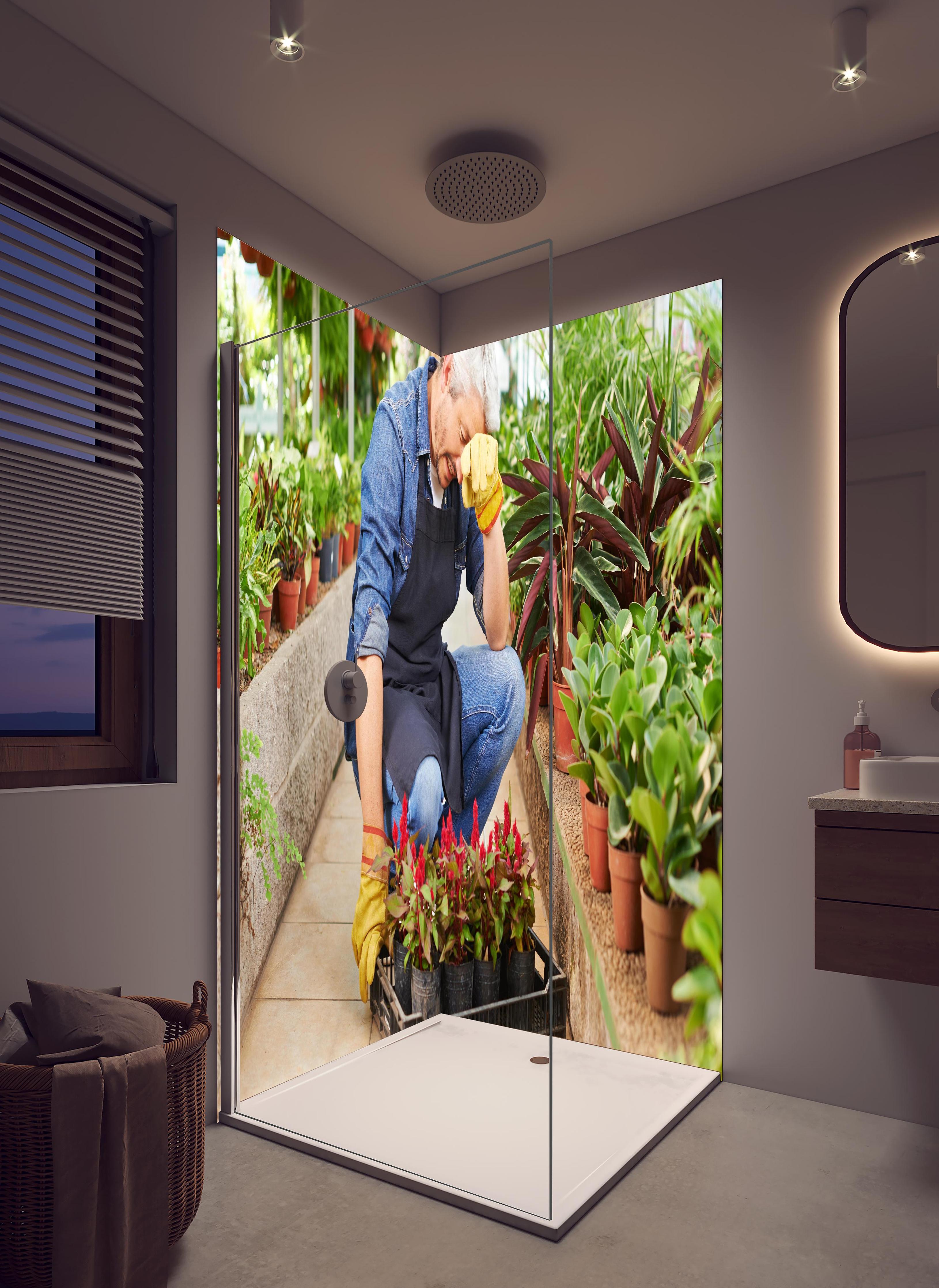 Duschrückwand - erschöpfter Gärtner im Gewächshaus in hellem Badezimmer mit Regenduschkopf - zweiteilige Eck-Duschrückwand