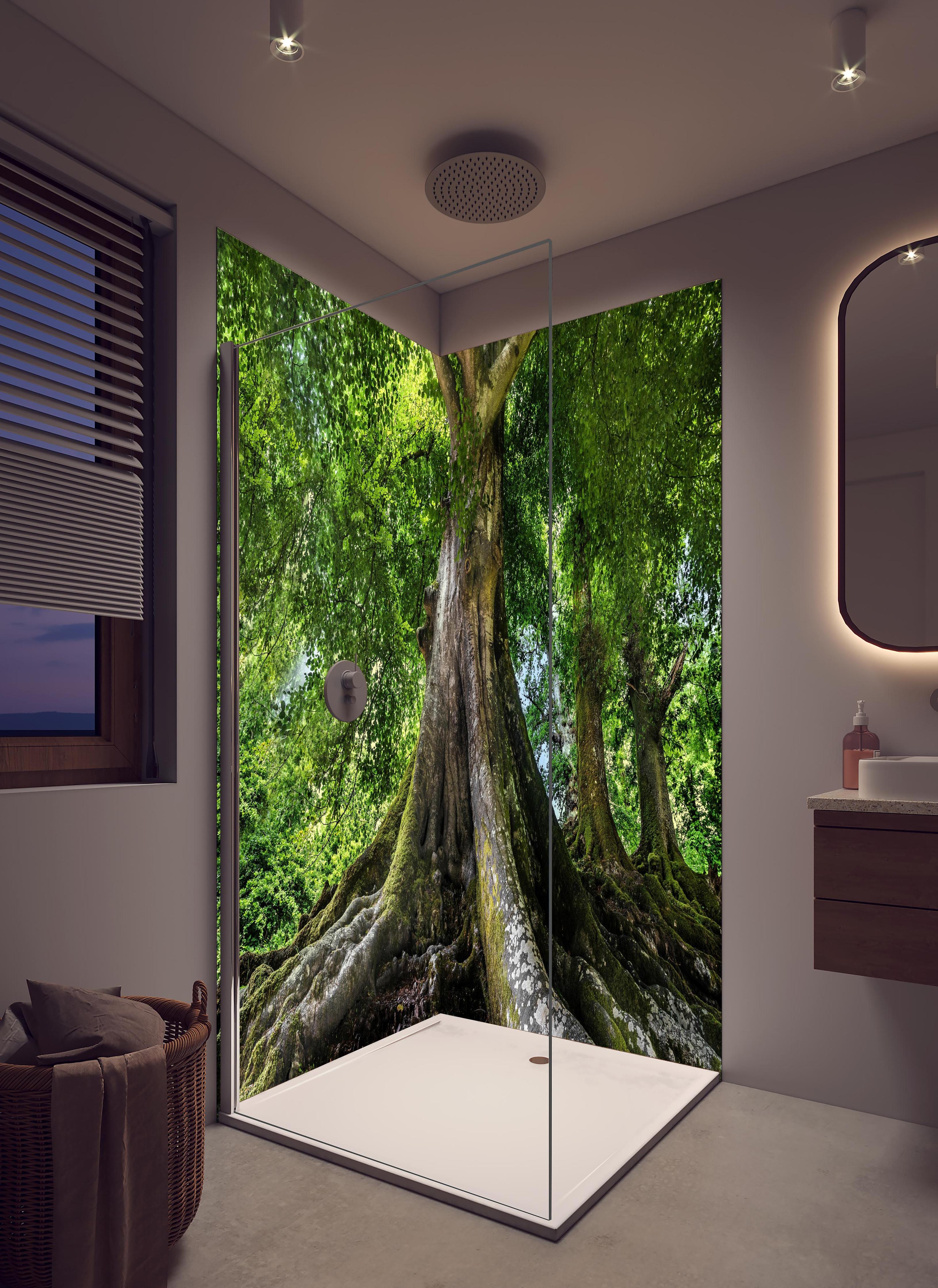 Duschrückwand - großer alter Baum in Froschperspektive in hellem Badezimmer mit Regenduschkopf - zweiteilige Eck-Duschrückwand